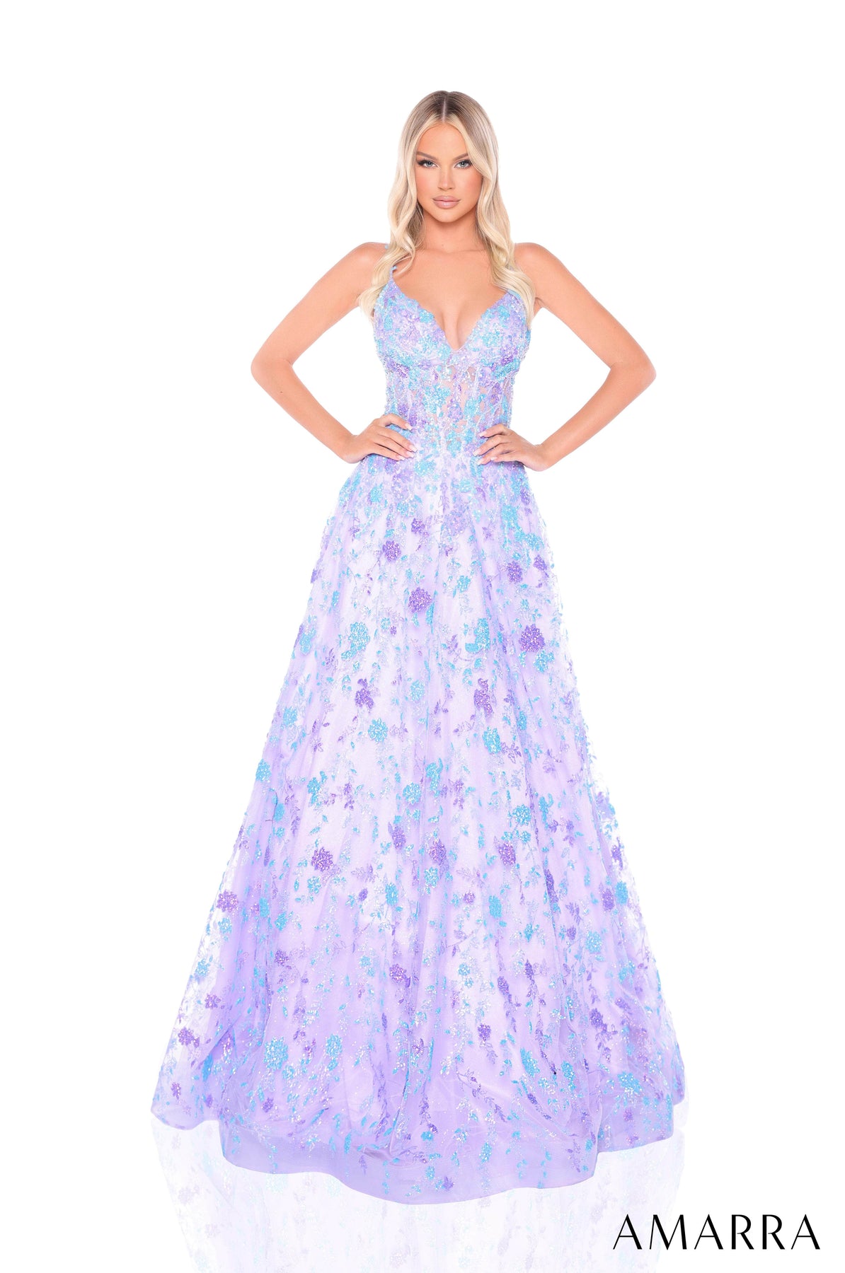 Amarra 88362 - Sleeveless Glitter Tulle Ballgown Prom Dresses 000 /  Lilac/Light Blue
