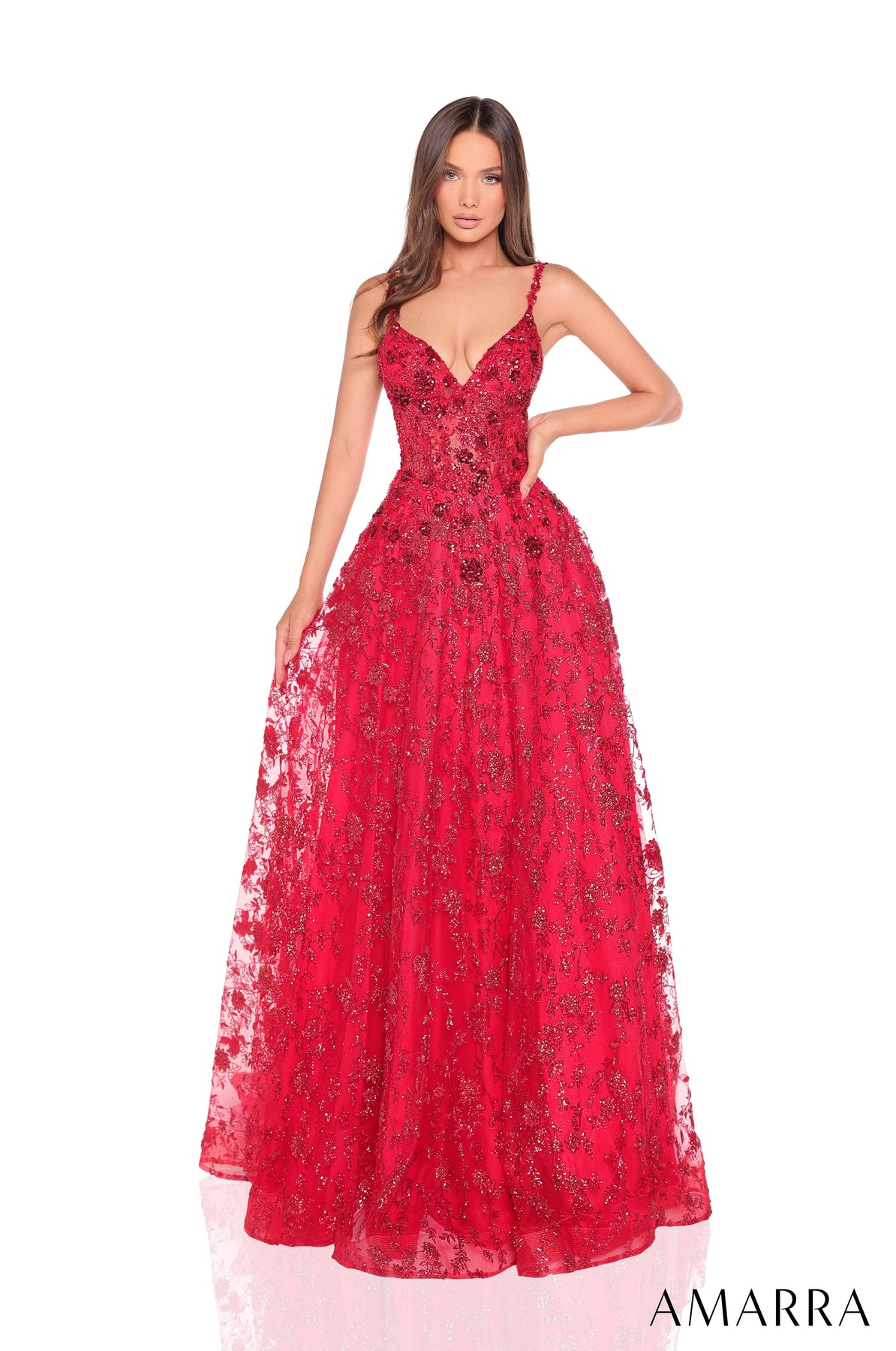 Amarra 88362 - Sleeveless Glitter Tulle Ballgown Prom Dresses 000 /  Red