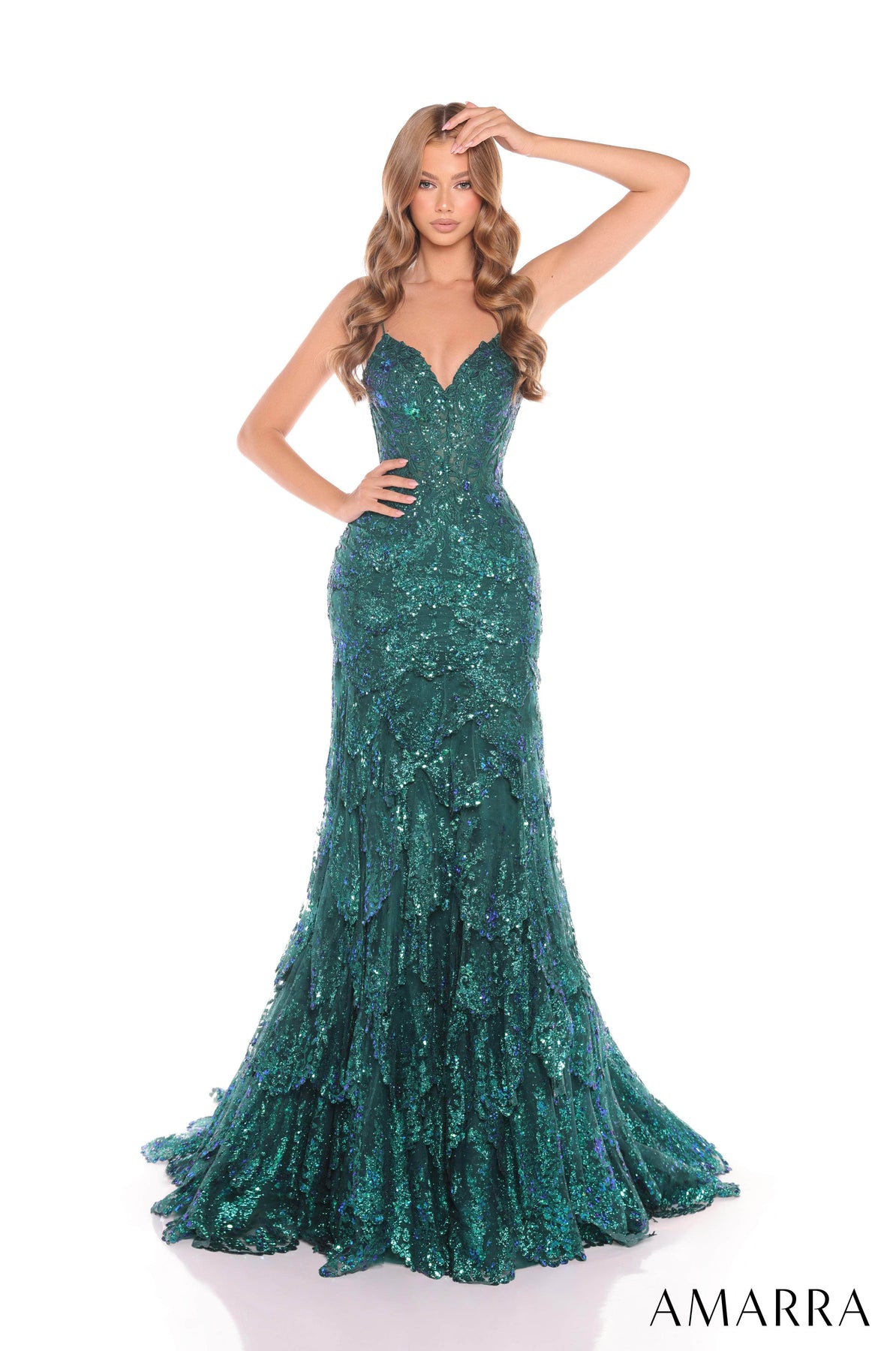 Amarra 88378 - Layered Sequin V-Neck Gown Prom Dresses 000 /  Emerald