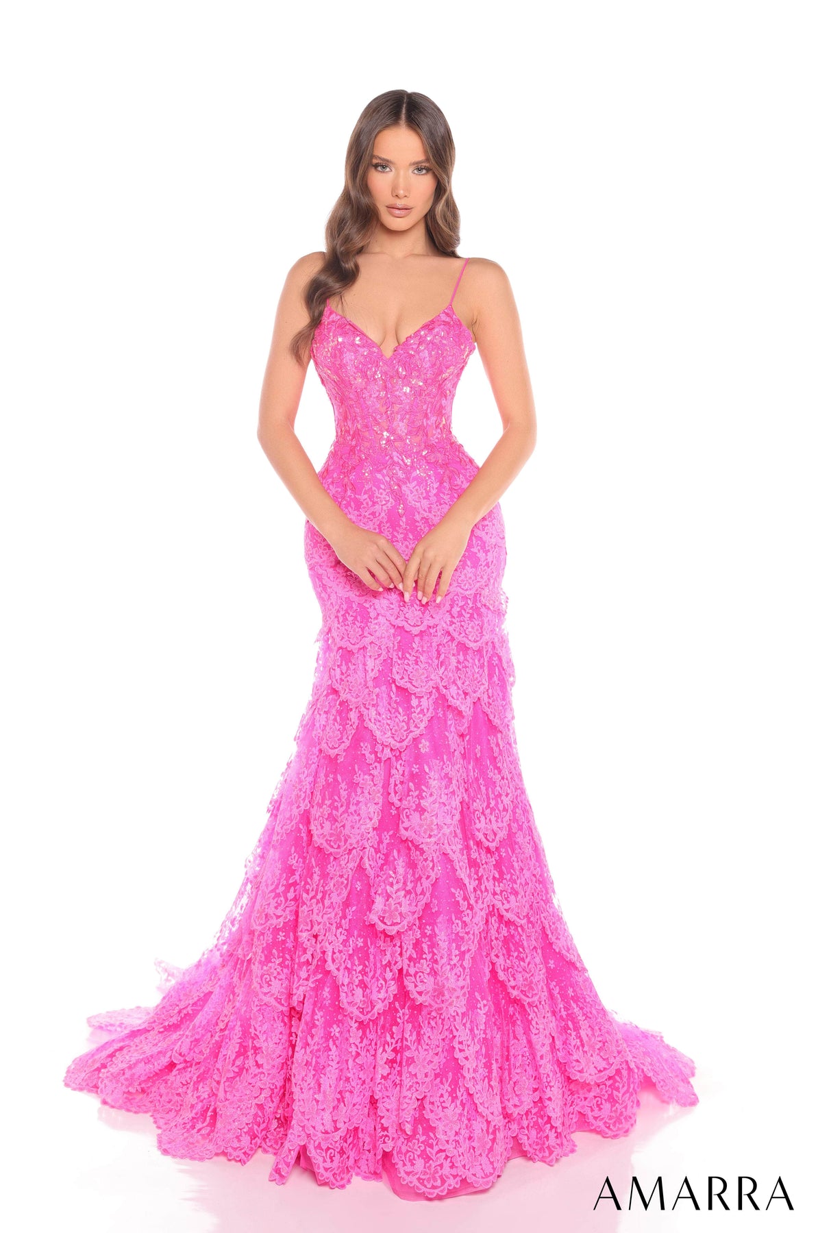 Amarra 88378 - Layered Sequin V-Neck Gown Prom Dresses 000 /  Fuchsia