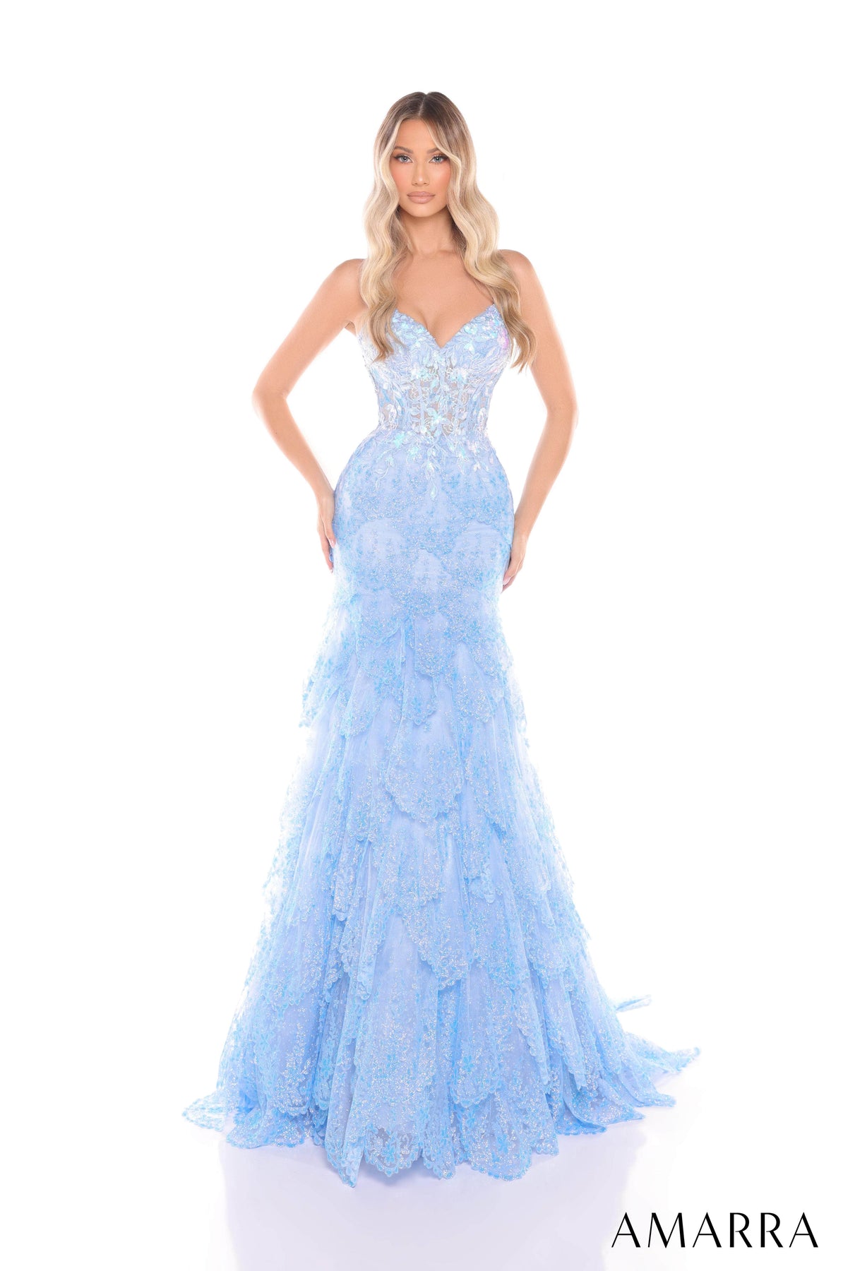 Amarra 88378 - Layered Sequin V-Neck Gown Prom Dresses 000 /  Light Blue