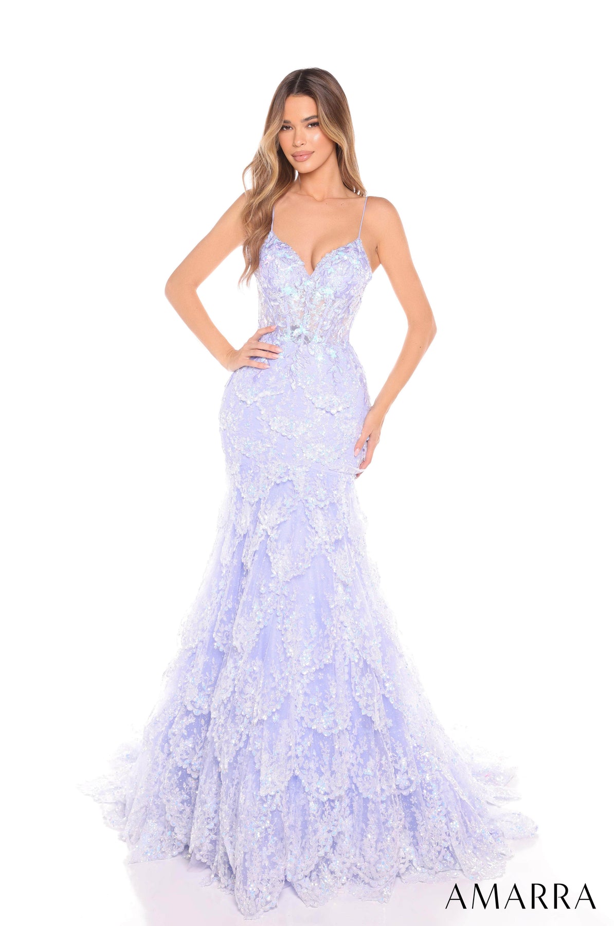 Amarra 88378 - Layered Sequin V-Neck Gown Prom Dresses 000 /  Periwinkle