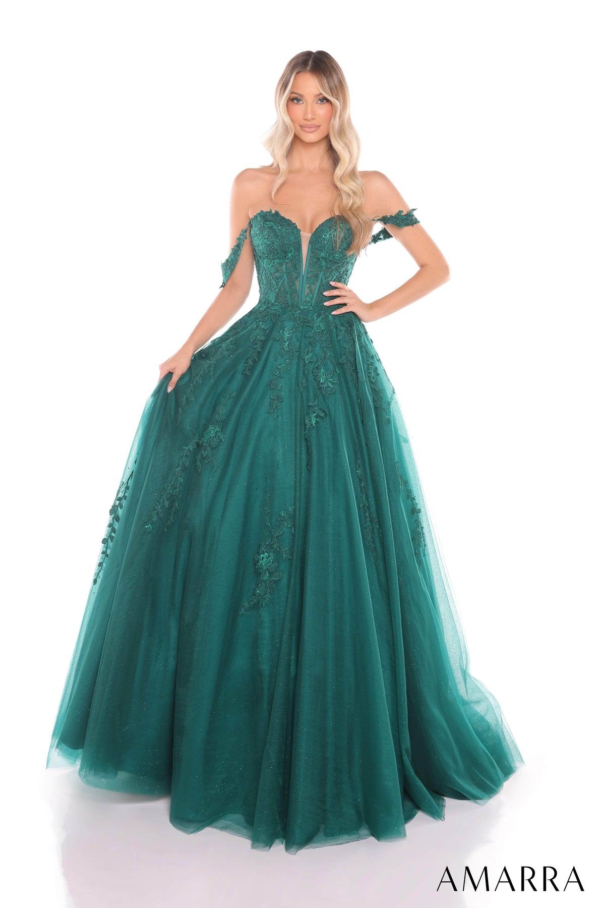 Amarra 88409 - Floral Embroidered Tulle Gown Ball Gowns 000 /  Emerald
