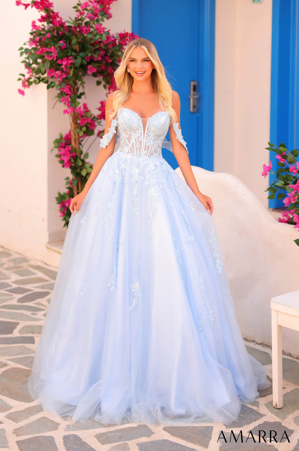 Amarra 88409 - Floral Embroidered Tulle Gown Ball Gowns 000 /  Light Blue