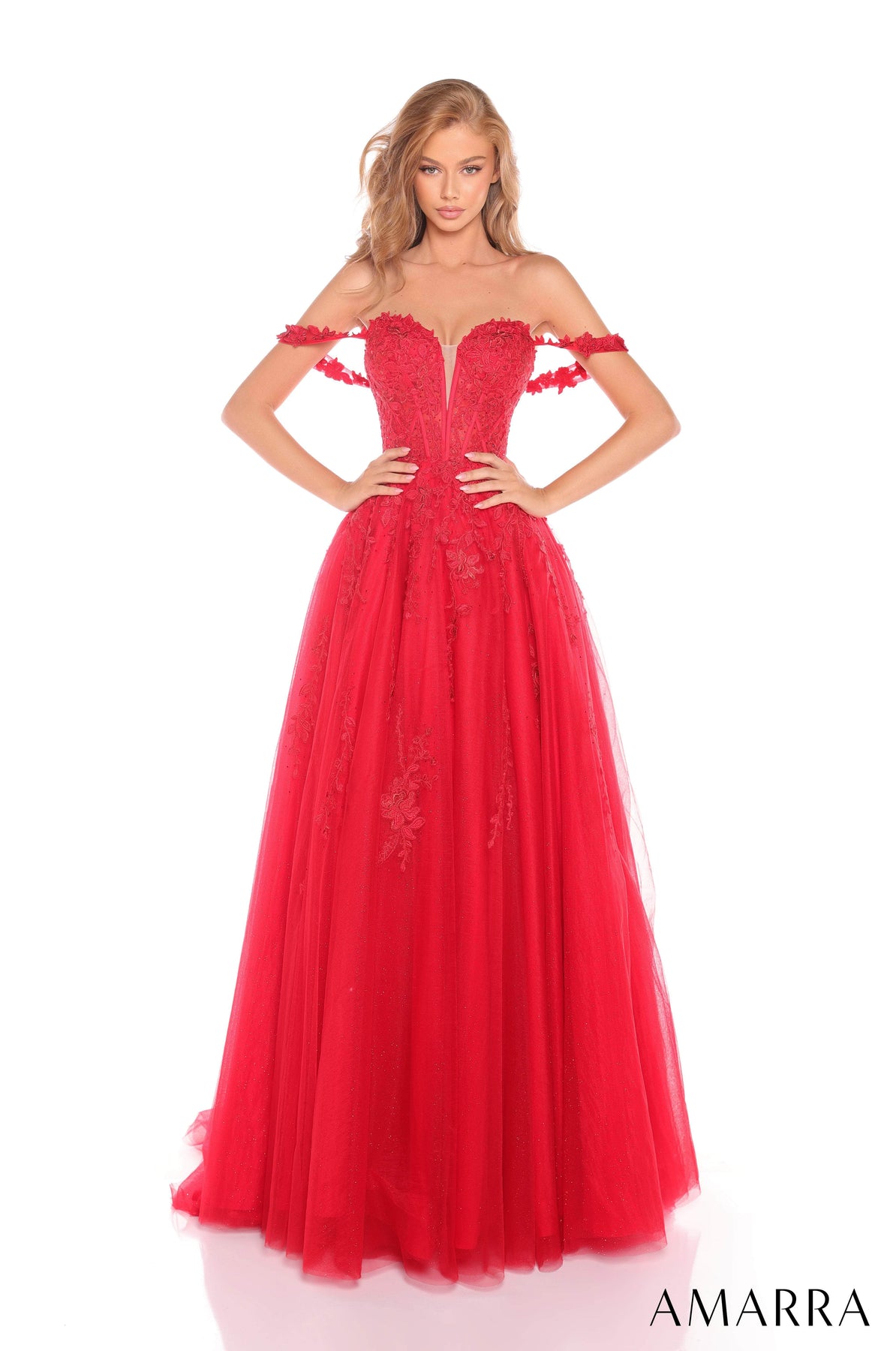 Amarra 88409 - Floral Embroidered Tulle Gown Ball Gowns 000 /  Red