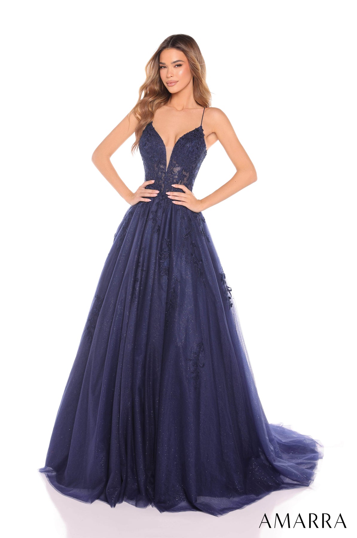Amarra 88410 - Embroidered Plunging Neck Ballgown Prom Dresses 000 /  Navy