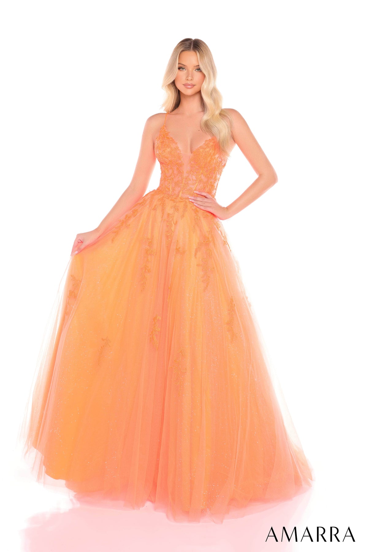 Amarra 88410 - Embroidered Plunging Neck Ballgown Prom Dresses 000 /  Orange