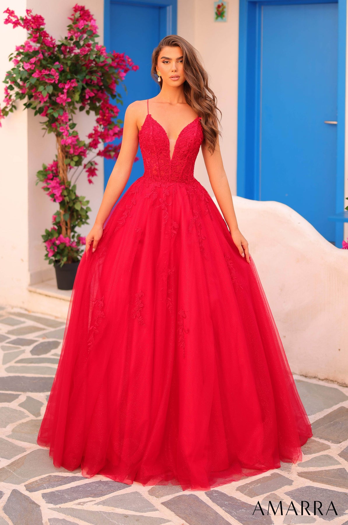 Amarra 88410 - Embroidered Plunging Neck Ballgown Prom Dresses 000 /  Red