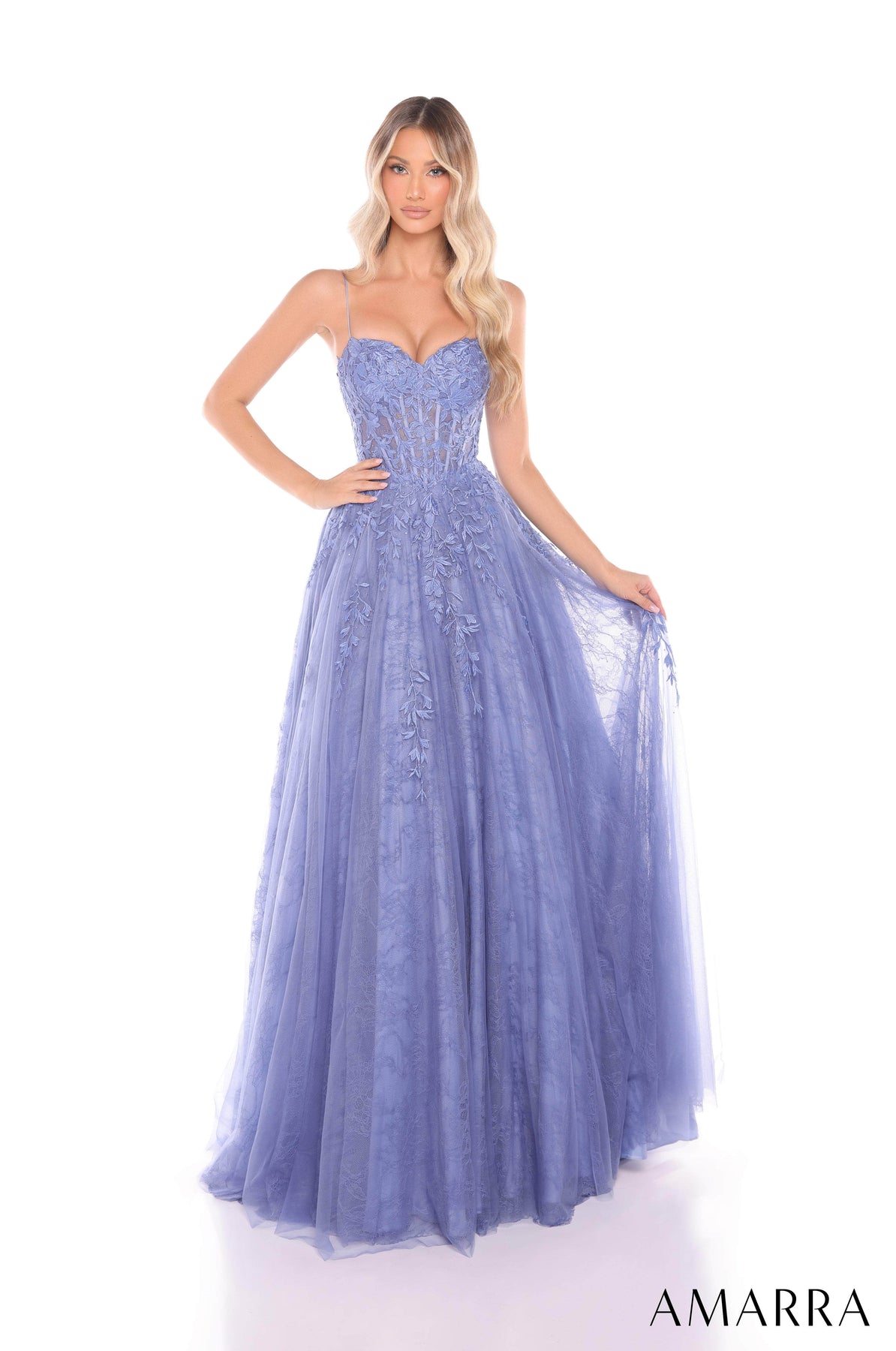 Amarra 88413 - Sweetheart Neckline Lace Ballgown Prom Dresses 000 /  Slate Blue
