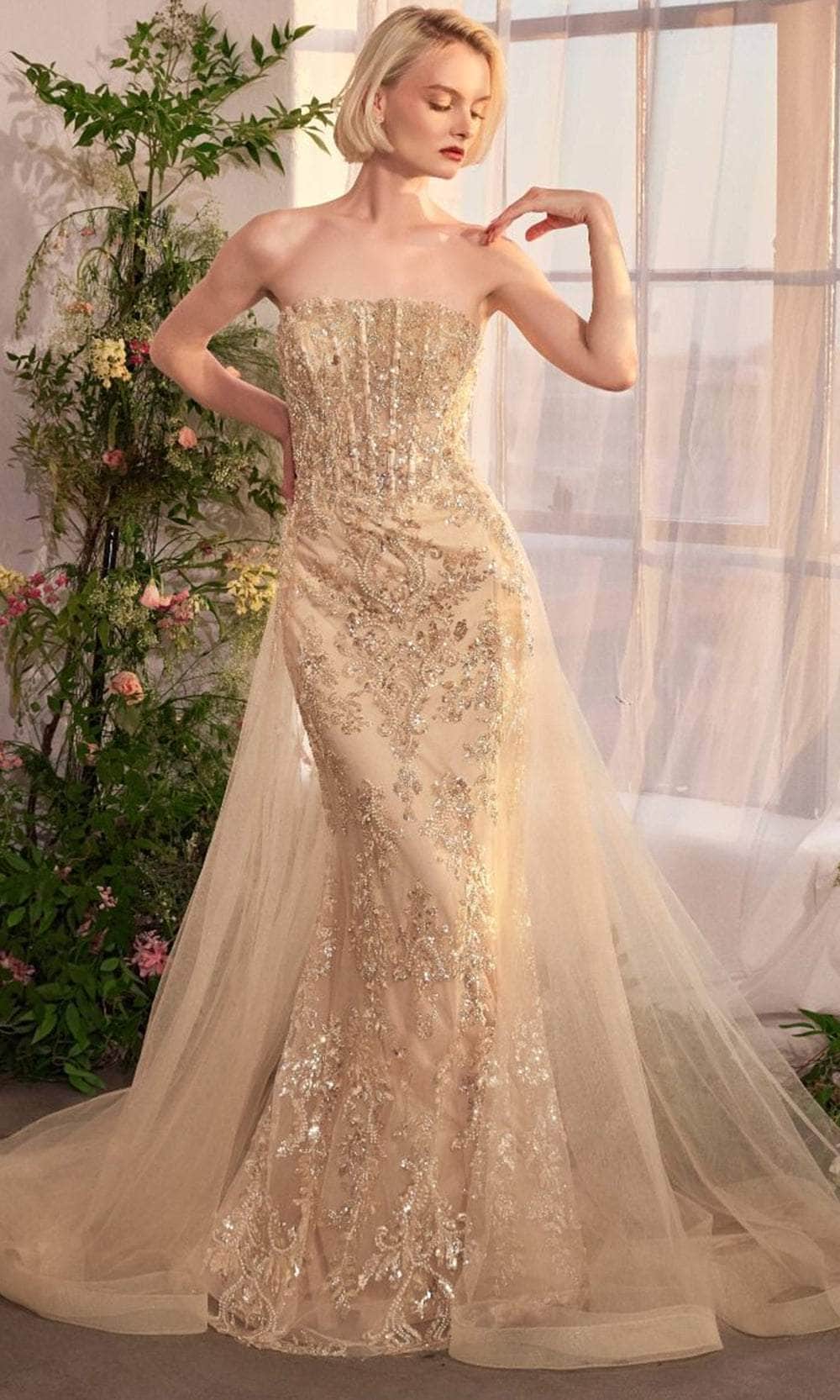 Andrea & Leo A1365 Long Formal Glitter Overskirt Prom Dress - Champagne / 8 Andrea & Leo A1365 Long Formal Glitter Overskirt Prom Dress - Champagne / 8