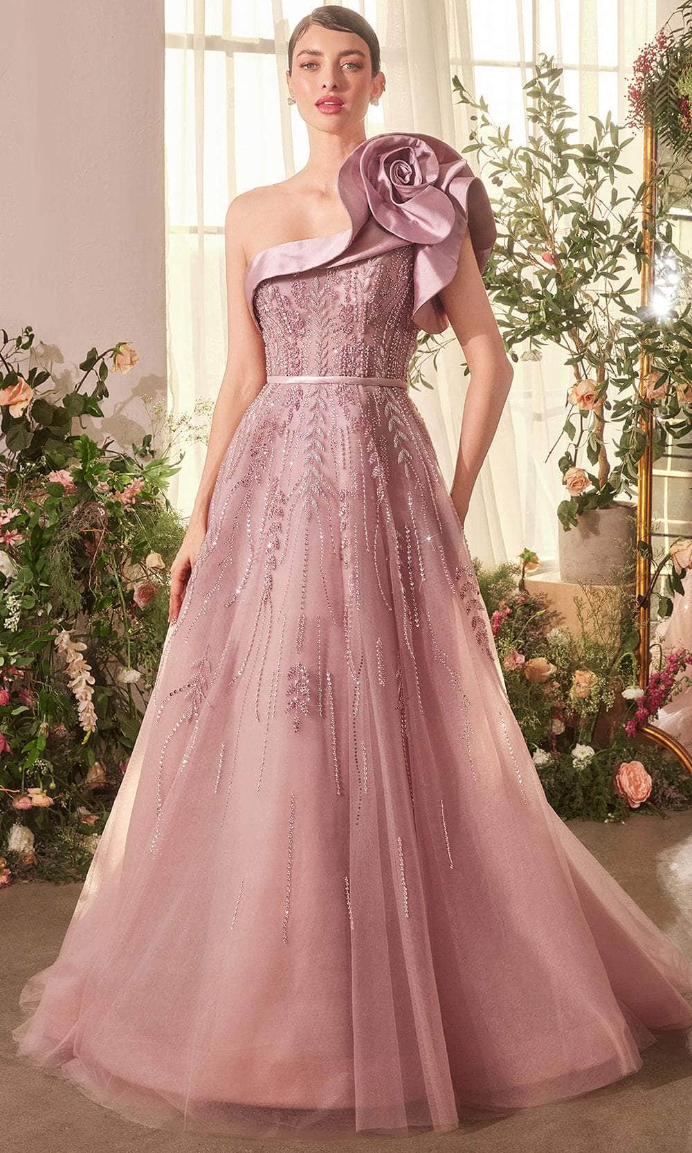 Andrea and Leo A1373 - Long Tulle A-Line Dress - Rosette Ruffles, One Shoulder, Cap Sleeve, Satin Thin Belt, Beaded, Mid-Open Back, Sweep Train ADASA Andrea and Leo A1373 - Long Tulle A-Line Dress - Rosette Ruffles, One Shoulder, Cap Sleeve, Satin Thin Belt, Beaded, Mid-Open Back, Sweep Train ADASA