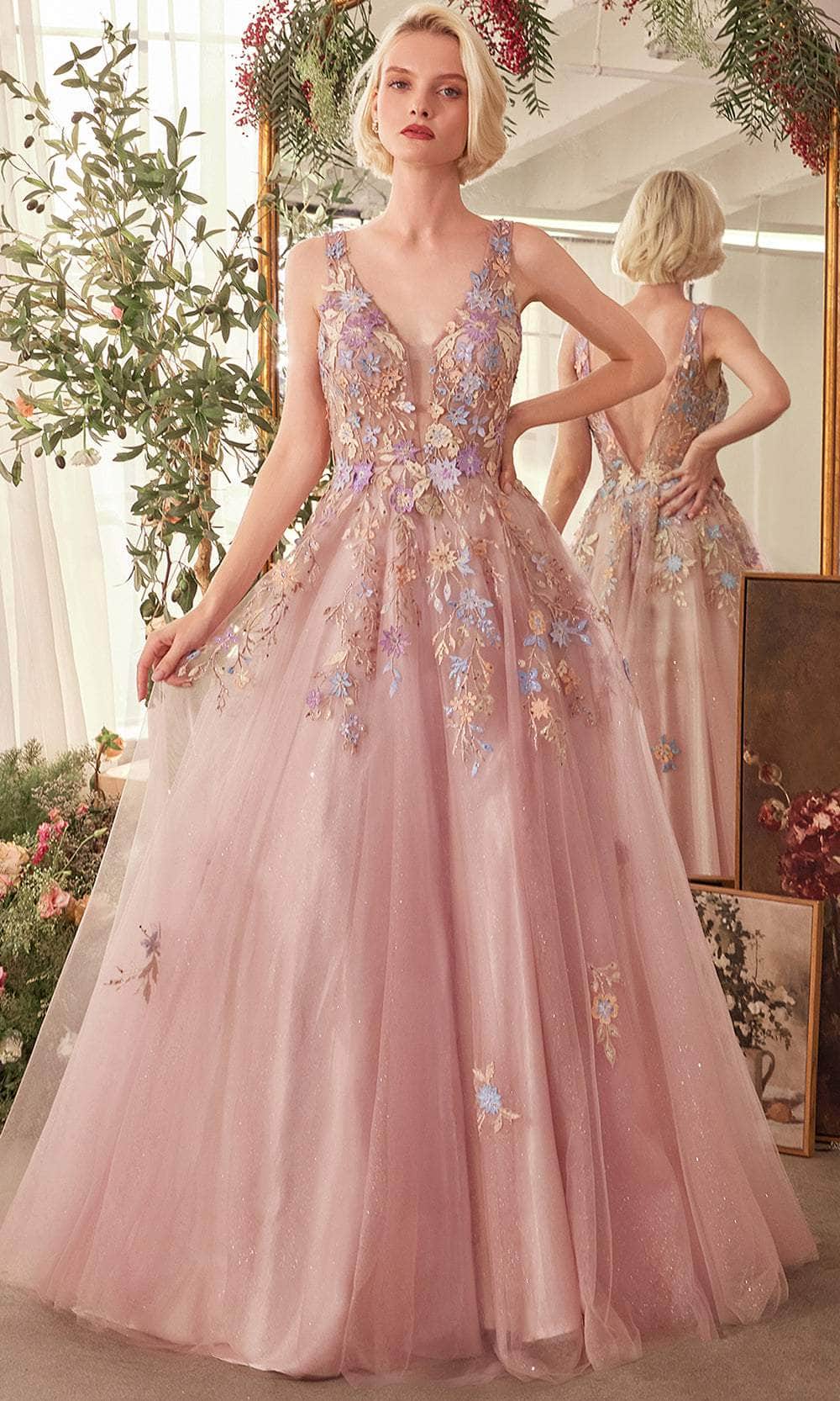 Andrea and Leo A1394 - Long Tulle A-Line Dress - Sleeveless, Wide Straps, Multicolored Lace Applique, Beaded, V-Shaped Back, Sweep Train ADASA Andrea and Leo A1394 - Long Tulle A-Line Dress - Sleeveless, Wide Straps, Multicolored Lace Applique, Beaded, V-Shaped Back, Sweep Train ADASA
