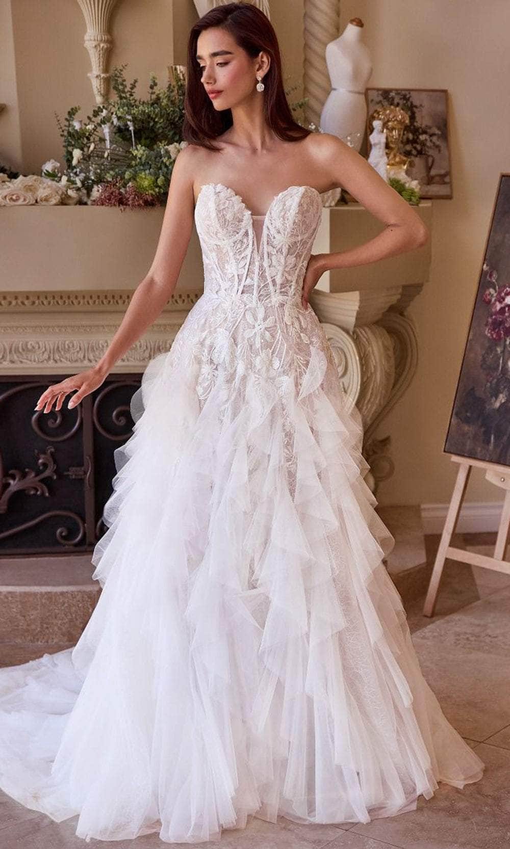 Andrea and Leo WL016 - Long Tulle A-Line Dress - Strapless, Lace Appliques, Corset Bodice, Ruffled Details, Lace Up Back, Train 8 / Off White-Nude Andrea and Leo WL016 - Long Tulle A-Line Dress - Strapless, Lace Appliques, Corset Bodice, Ruffled Details, Lace Up Back, Train 8 / Off White-Nude