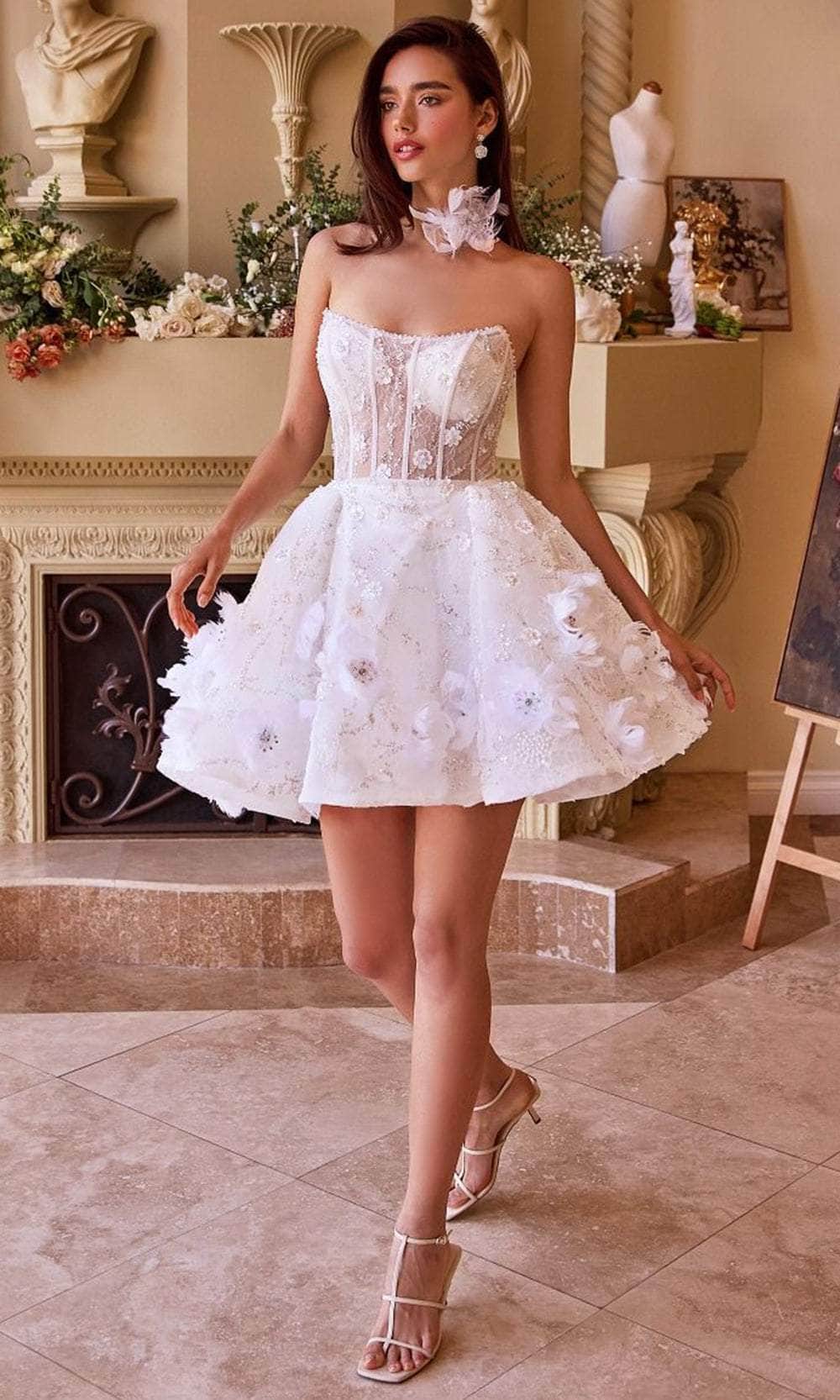 Andrea and Leo WL025 - Short Tulle A-Line Dress - Strapless, Sheer Corset Bodice, Lace Appliques, Feathers, Beaded, Lace Up Back, Short Hem ADASA Andrea and Leo WL025 - Short Tulle A-Line Dress - Strapless, Sheer Corset Bodice, Lace Appliques, Feathers, Beaded, Lace Up Back, Short Hem ADASA