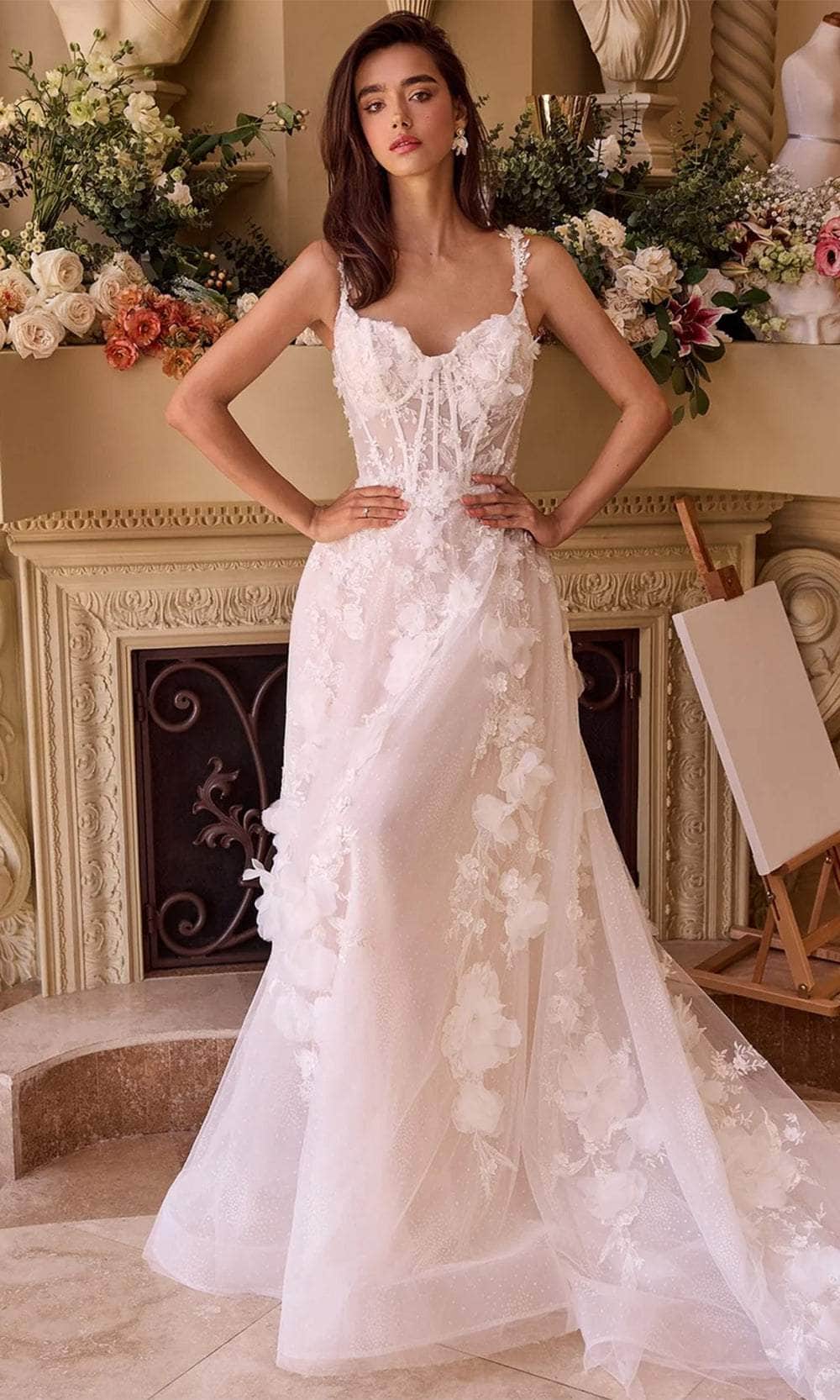 Andrea and Leo WL045 - Long Tulle/Lace A-Line Dress - Spaghetti Straps, Corset Bodice, Lace Up Back, Floral Lace Appliques, Beaded, Train ADASA Andrea and Leo WL045 - Long Tulle/Lace A-Line Dress - Spaghetti Straps, Corset Bodice, Lace Up Back, Floral Lace Appliques, Beaded, Train ADASA
