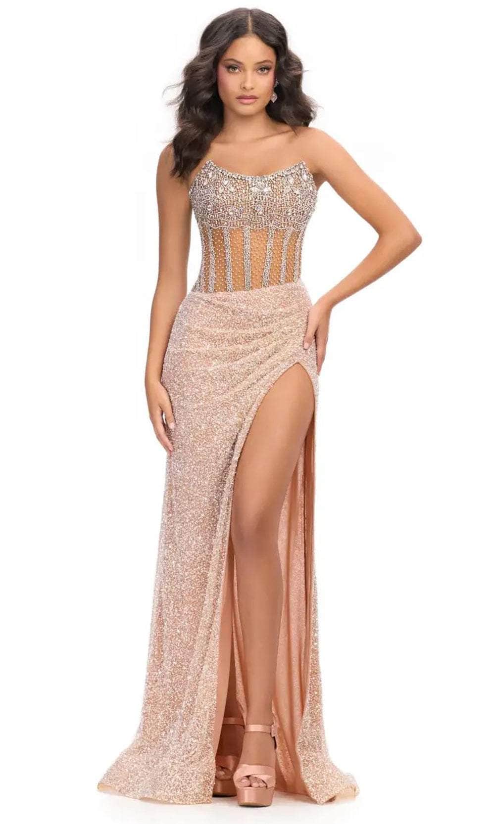 Ashley Lauren 11830 - Long Sheath Dress - See-Through Corset Bodice, Crystal Beaded, Sequin, High Slit, Sweep Train, Mid-Open Back, Strapless 2 / Nude Ashley Lauren 11830 - Long Sheath Dress - See-Through Corset Bodice, Crystal Beaded, Sequin, High Slit, Sweep Train, Mid-Open Back, Strapless 2 / Nude