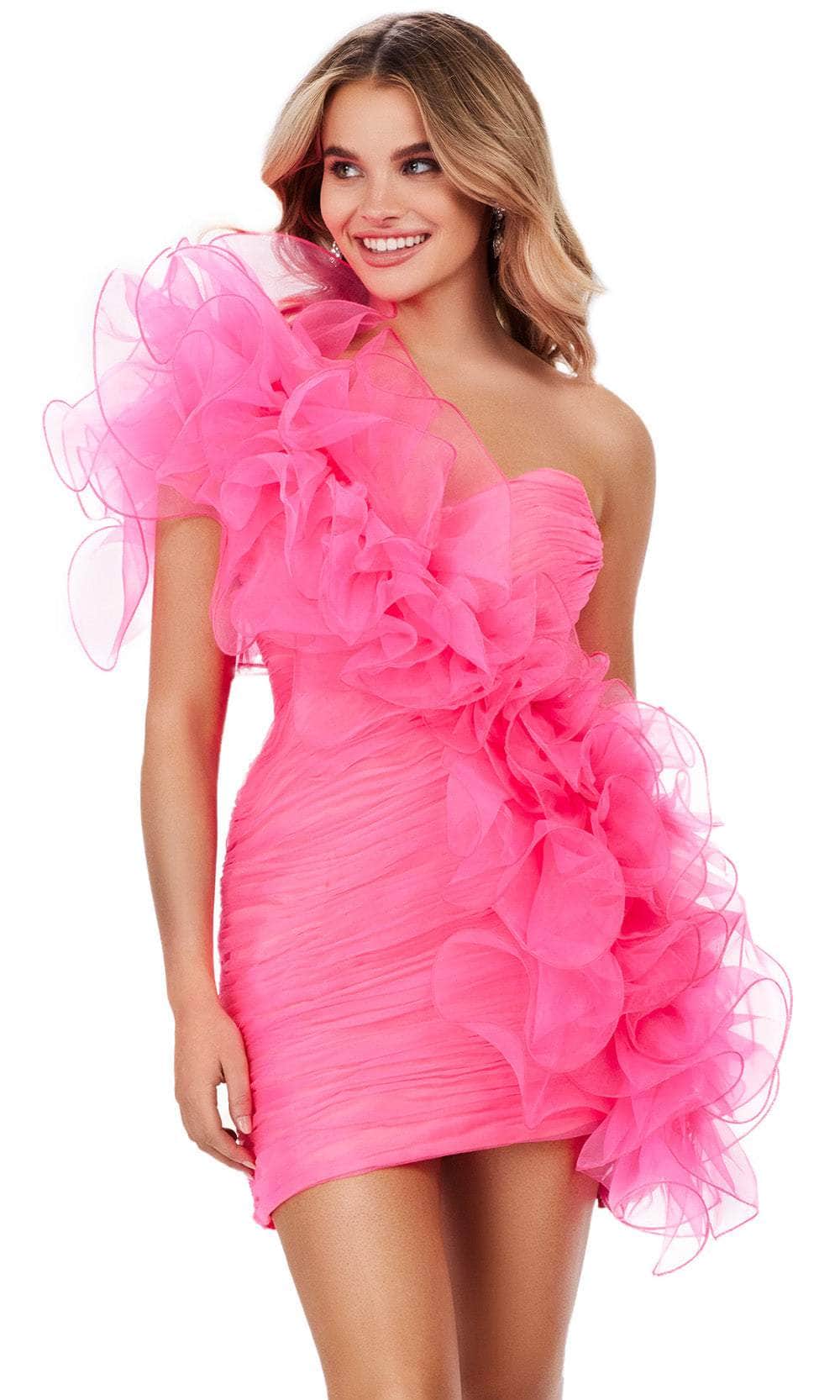 Ashley Lauren 4672 - One-Sleeve Organza Ruffle Detail Cocktail Dress Cocktail Dresses 00 / Hot Pink