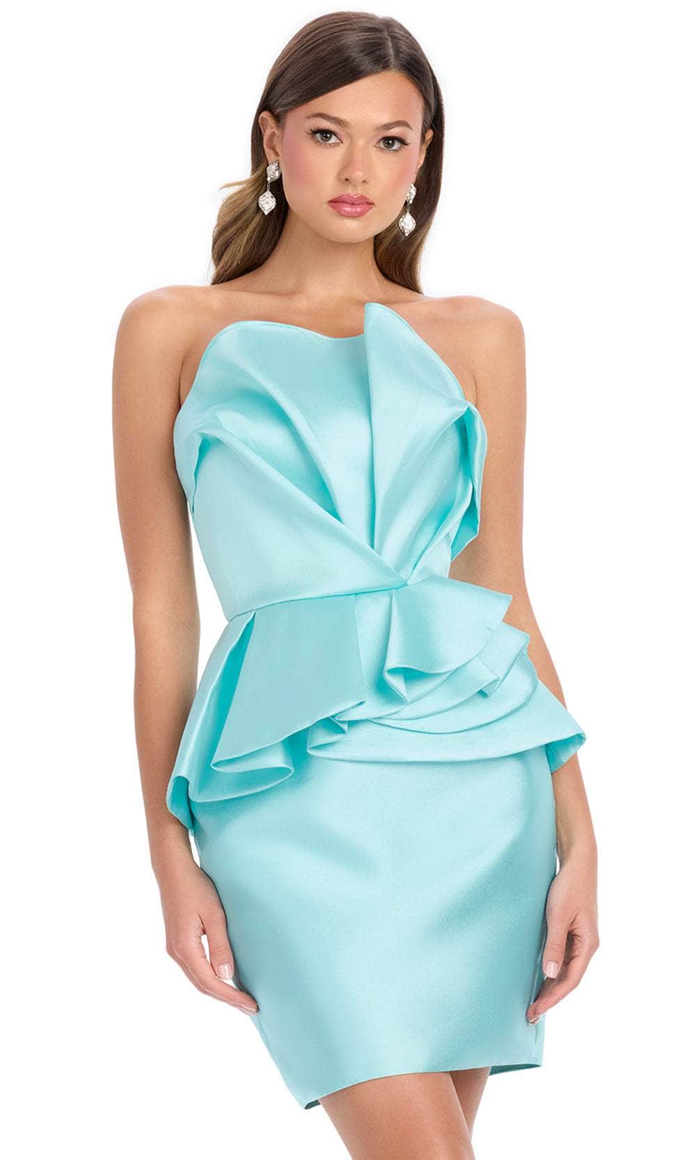 Ashley Lauren 4800 - Short Mikado Sheath Dress - Strapless, Asymmetrical Pleats, Peplum Waist, Open Back, Fitted Bodice ADASA Ashley Lauren 4800 - Short Mikado Sheath Dress - Strapless, Asymmetrical Pleats, Peplum Waist, Open Back, Fitted Bodice ADASA