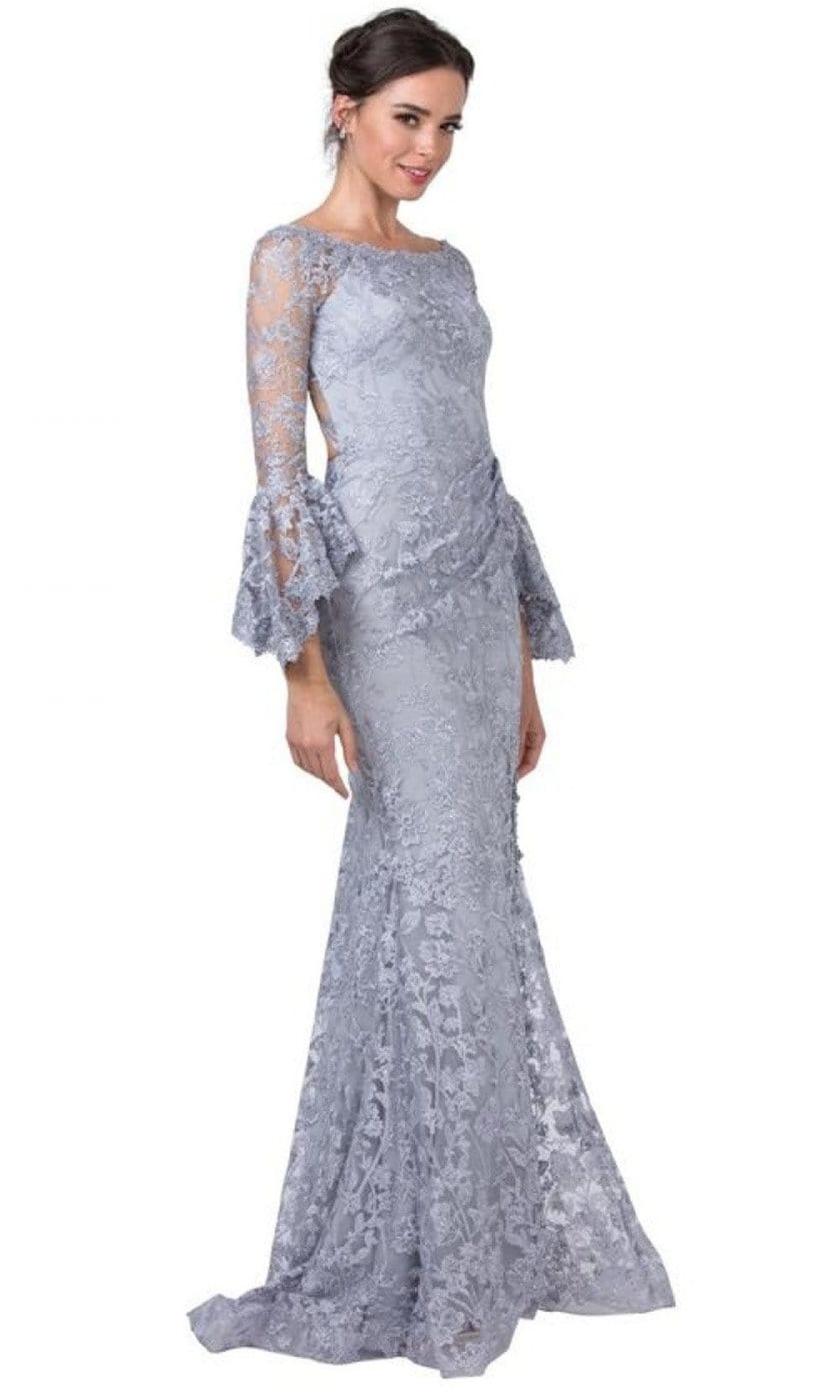 Trevi Collection - L2369 Long Flutter Sleeves Sheath Evening Dress Evening Dresses XXS / Pewter