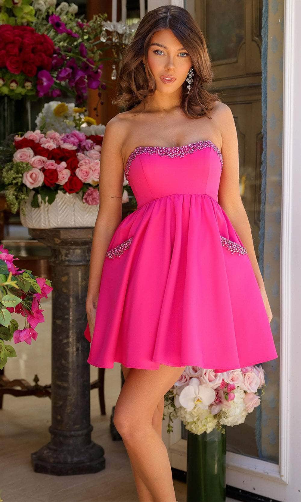 Ava Presley 29837 - Short Satin A-Line Dress - Strapless, Beaded Trims, Front Pockets, Midrise Back, Short Hem 2 / Periwinkle Ava Presley 29837 - Short Satin A-Line Dress - Strapless, Beaded Trims, Front Pockets, Midrise Back, Short Hem 2 / Periwinkle