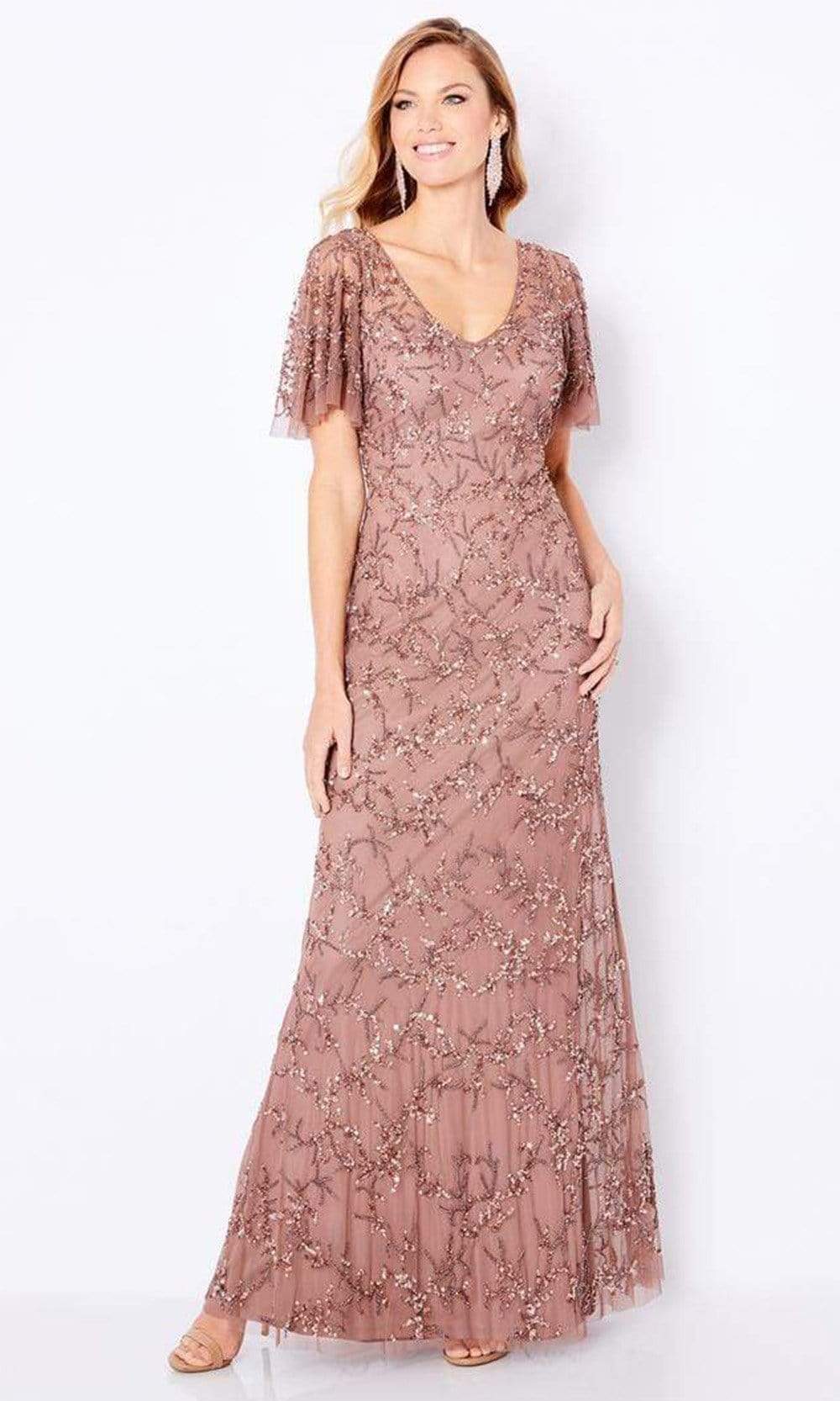 Cameron Blake - 221681 Beaded V Neck Long Sheath Dress Mother of the Bride Dresses 4 / Bronze
