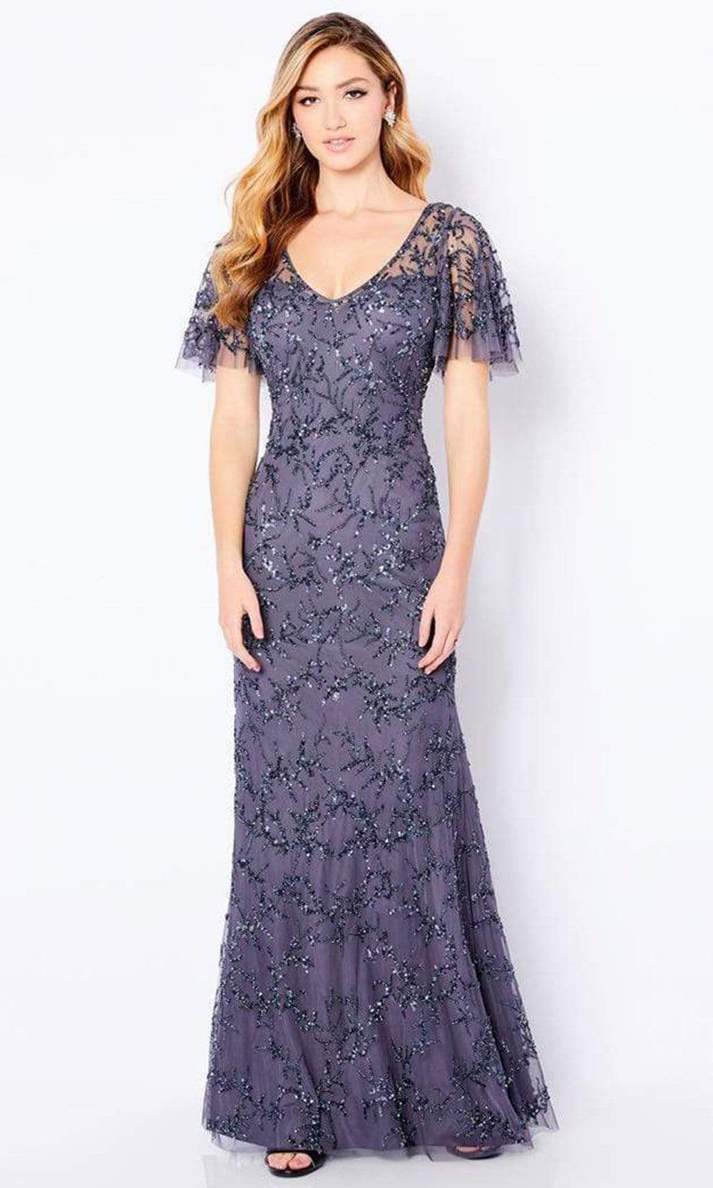 Cameron Blake - 221681 Beaded V Neck Long Sheath Dress Mother of the Bride Dresses 4 / Gunmetal