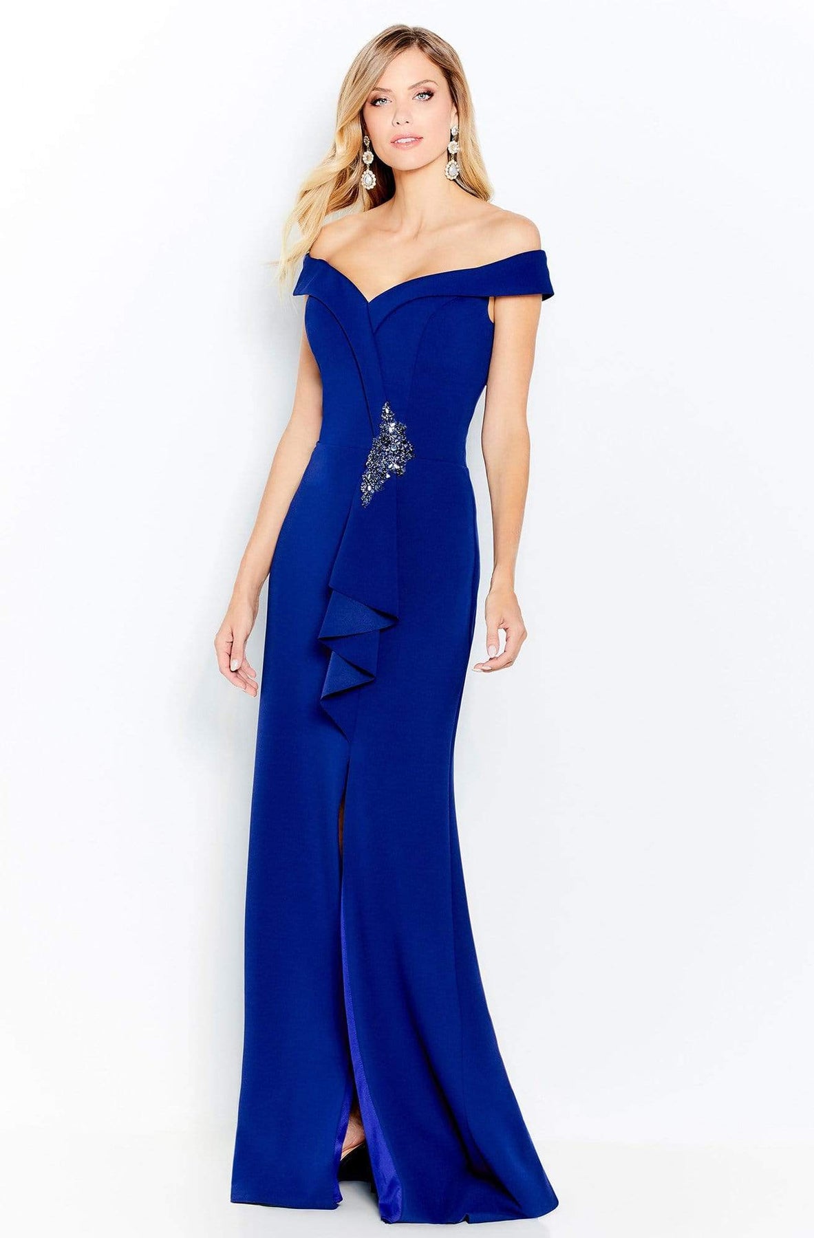 Cameron Blake by Mon Cheri - 120614W Off-Shoulder Column Dress Prom Dresses 16W / Navy