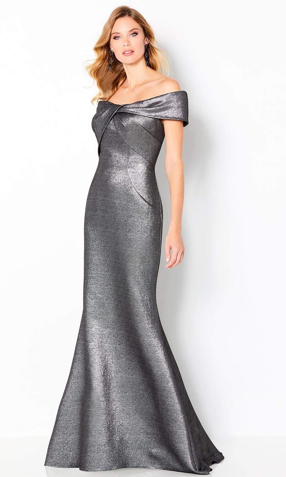 Cameron Blake by Mon Cheri - 220647 Metallic Off Shoulder Dress Evening Dresses 4 / Gunmetal