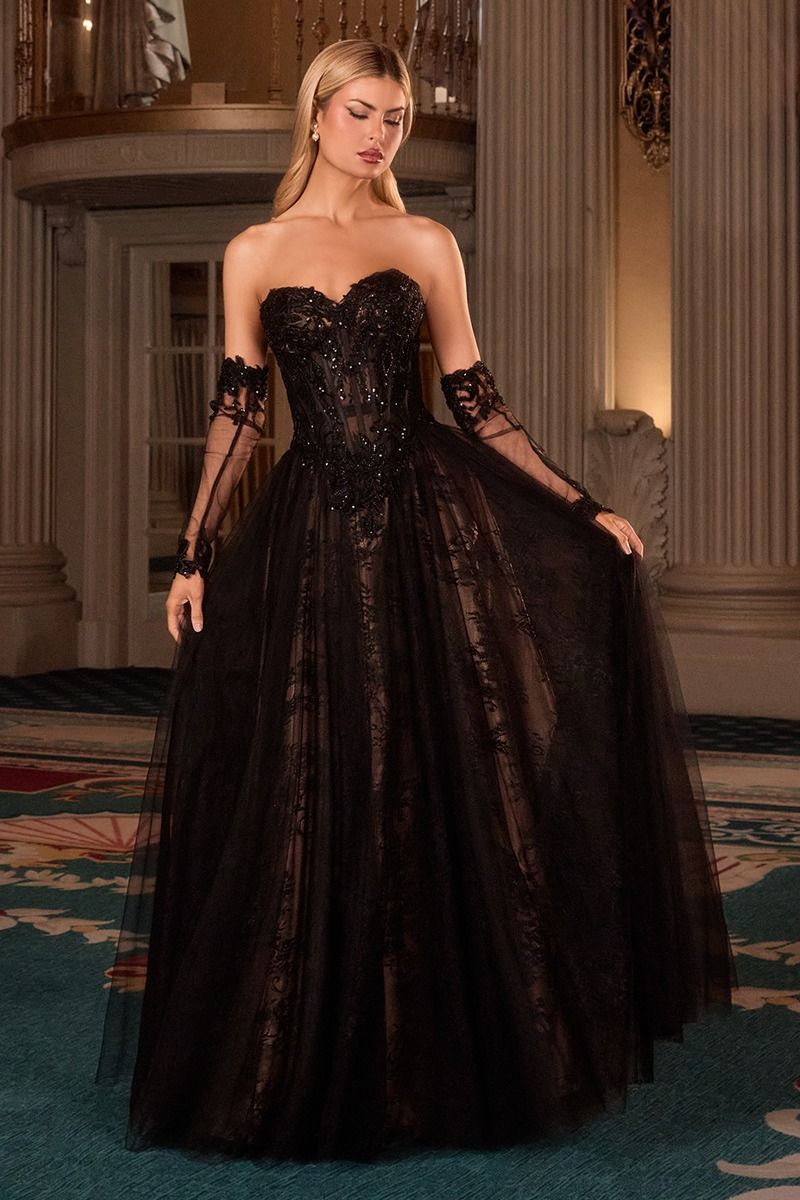 Ladivine CD717 - Long Tulle A-line Dress - Strapless Bodice, Beaded, Embroidered Lace, Detachable Sheer Gloves, Open Back, Floor Length ADASA Ladivine CD717 - Long Tulle A-line Dress - Strapless Bodice, Beaded, Embroidered Lace, Detachable Sheer Gloves, Open Back, Floor Length ADASA