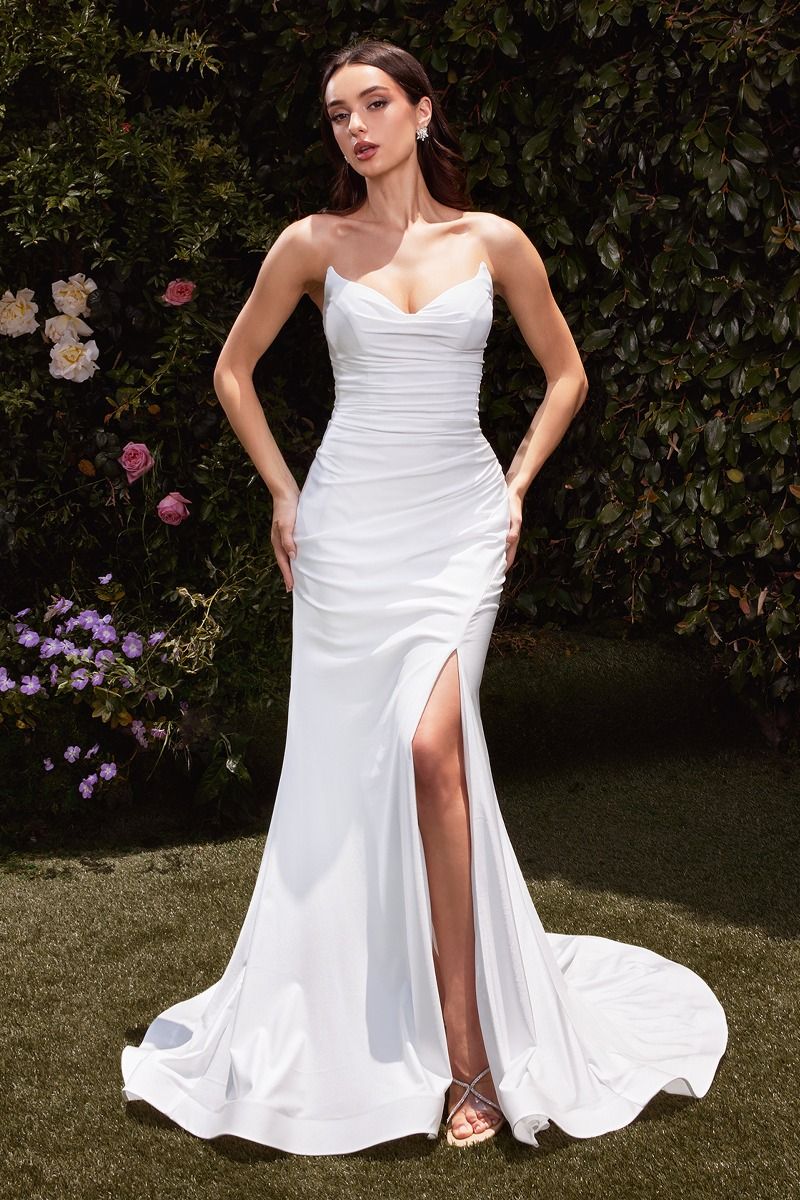 Ladivine CD791W - Long Stretch Satin Mermaid Dress - Pointed V-Neckline, Ruched Bodice, Side Slit, Lace-up Back, Horsehair Hem, Sweep Train ADASA Ladivine CD791W - Long Stretch Satin Mermaid Dress - Pointed V-Neckline, Ruched Bodice, Side Slit, Lace-up Back, Horsehair Hem, Sweep Train ADASA