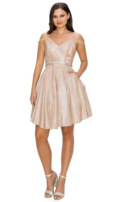 Cinderella Couture 8014J - Glittered Cold Shoulder Cocktail Dress Special Occasion Dress XS / Rosegold
