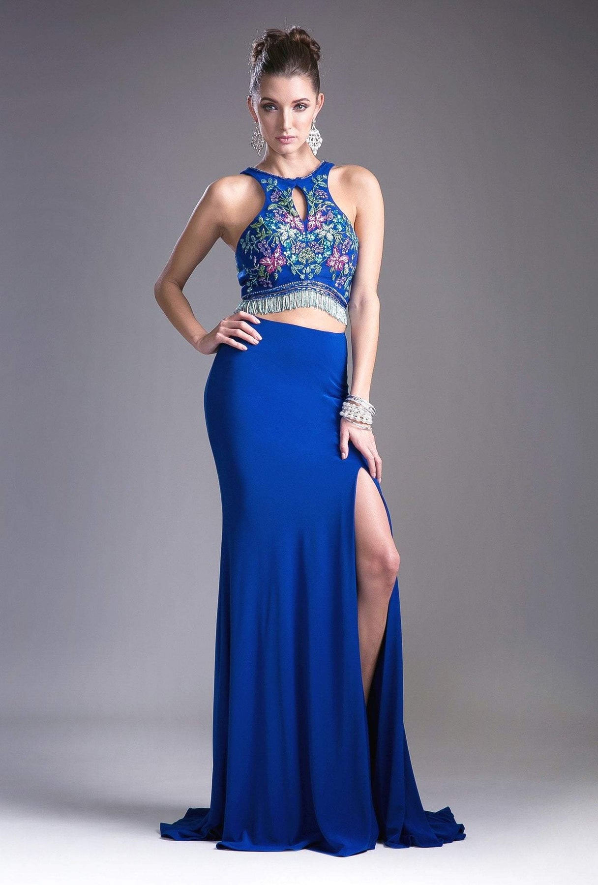 Cinderella Divine - 71207 Two-Piece Floral Beaded Cutout Bodice Gown Special Occasion Dress 4 / Royal