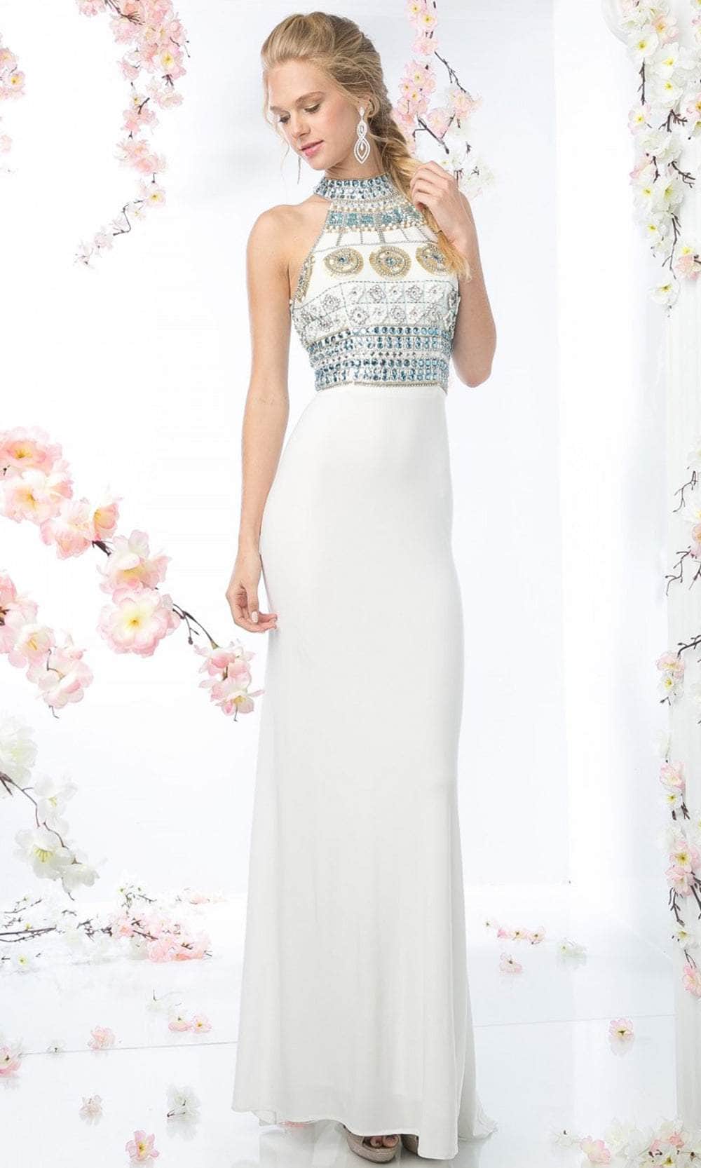 Ladivine 971 - High Halter Bedazzled Column Gown Special Occasion Dress 12 / Off White