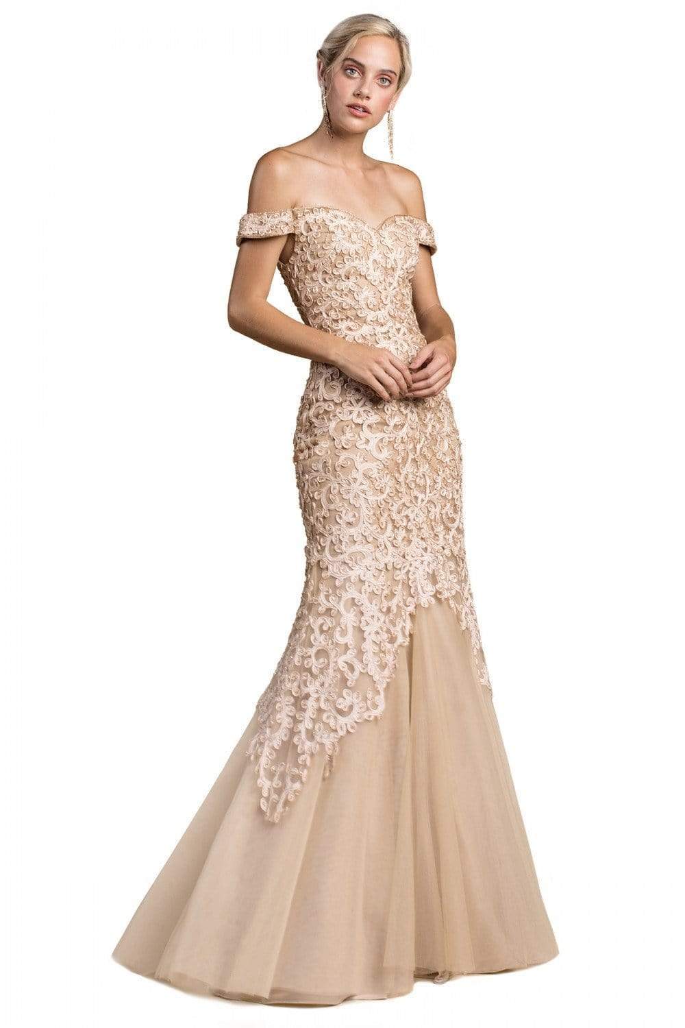 Cinderella Divine - A0401 Off Shoulder Lace Overlay Tulle Mermaid Gown Evening Dresses 2 / Champagne