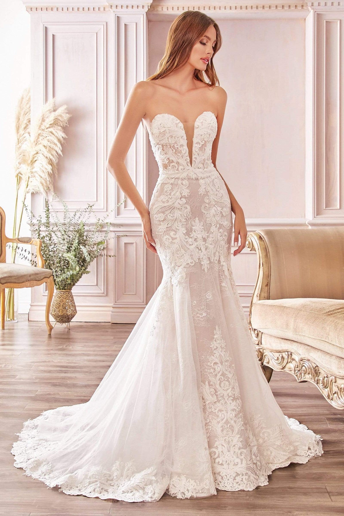 Cinderella Divine Bridal - CD928 Strapless Lace Trumpet Gown Wedding Dresses