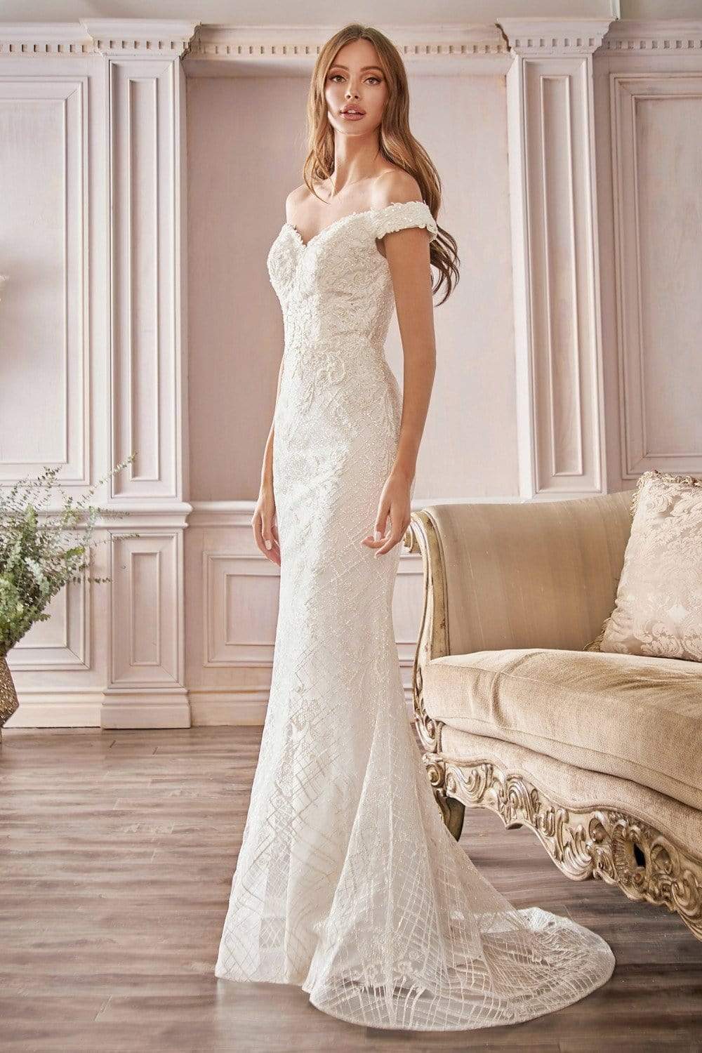 Cinderella Divine Bridal CD929 - Long Sheath Dress - Patterned Glitter Print Mesh, Fully Lined, Floral Lace Appliques, Beaded, Mid-Open Back, Back Cinderella Divine Bridal CD929 - Long Sheath Dress - Patterned Glitter Print Mesh, Fully Lined, Floral Lace Appliques, Beaded, Mid-Open Back, Back