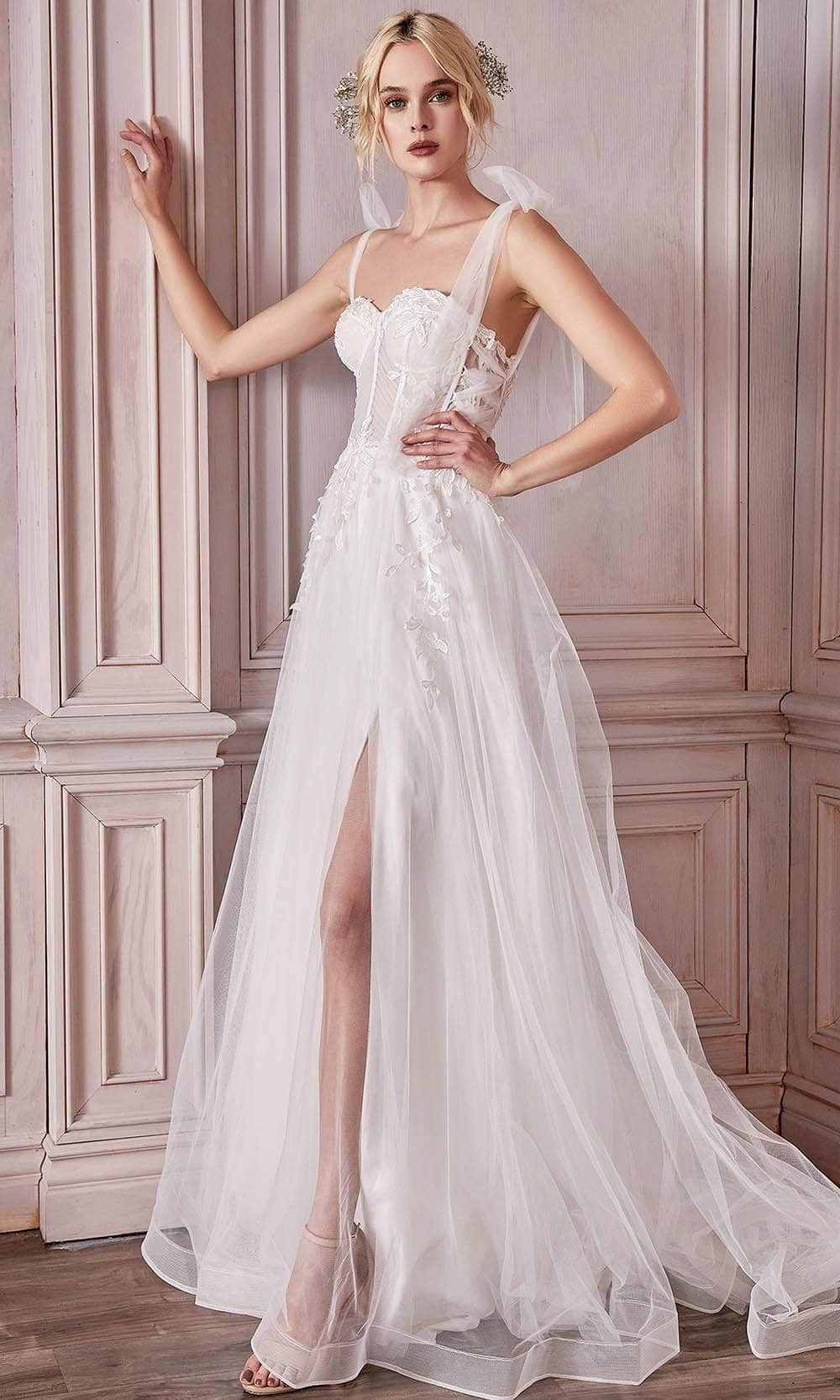 Ladivine Bridal CD964W - Long A-Line Dress - Sleeveless, Spaghetti Strap, Corset-Boned Design, Sheer, Appliques, Strappy Lace Sides And Back, Zipper Ladivine Bridal CD964W - Long A-Line Dress - Sleeveless, Spaghetti Strap, Corset-Boned Design, Sheer, Appliques, Strappy Lace Sides And Back, Zipper
