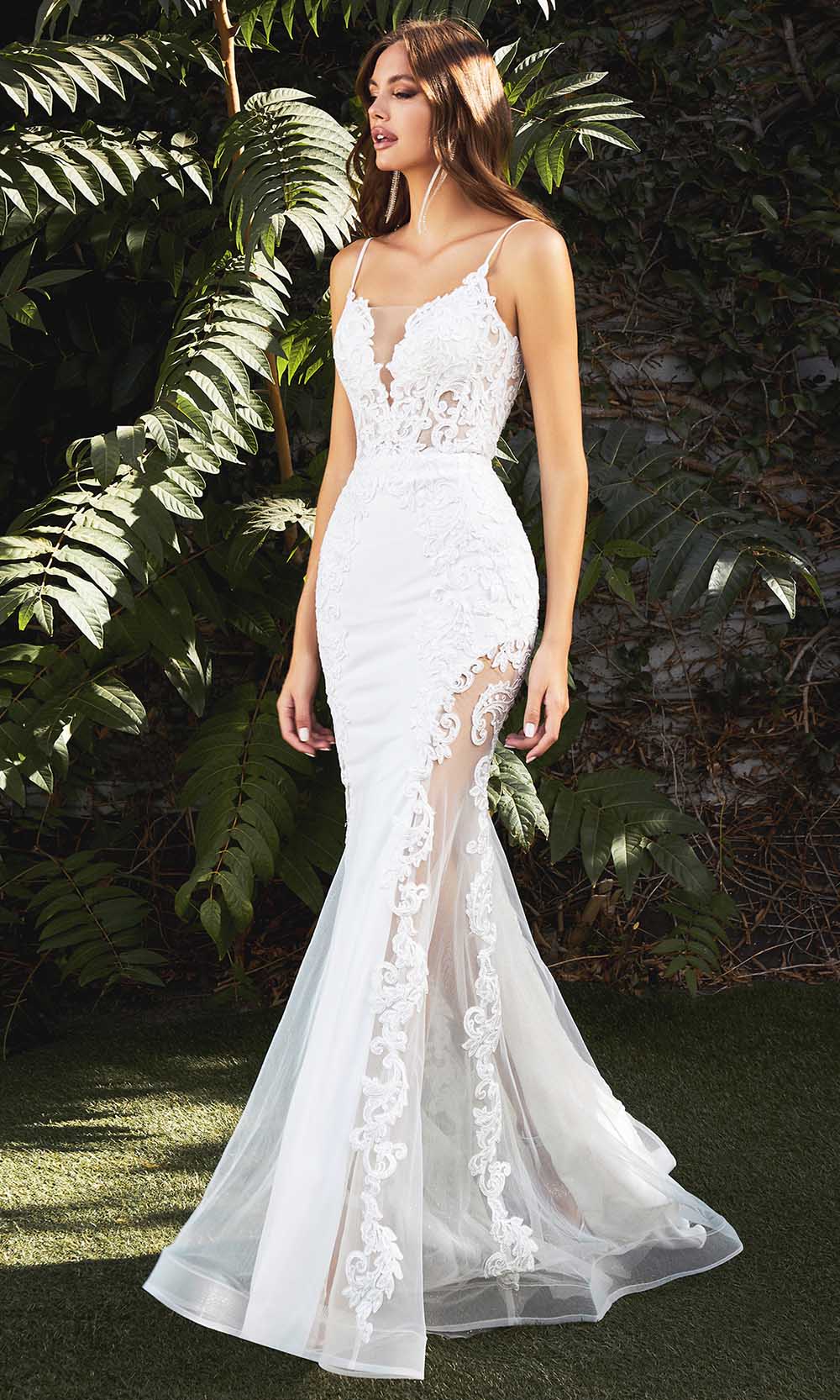 Cinderella Divine Bridals - CD937W Embroidered V Neck Mermaid Gown Wedding Dresses 2 / Off White
