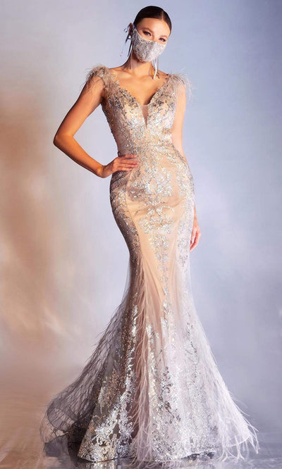 Cinderella Divine - C57 Embellished Deep V Neck Mermaid Gown Evening Dresses