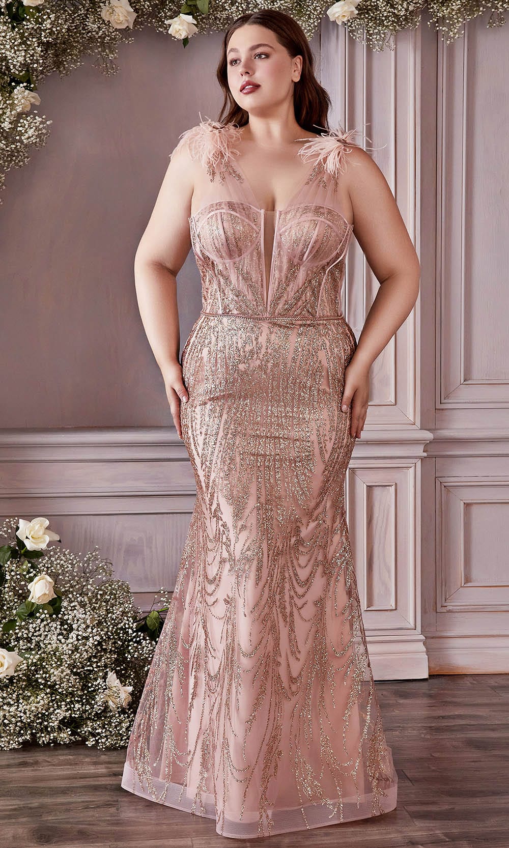 Cinderella Divine CB087C - Long Trumpet Dress - Fully Beaded, Sheer Straps,  Corset, Sleeveless, Mesh Inset, Tulle, Back Zipper, Train  ADASA