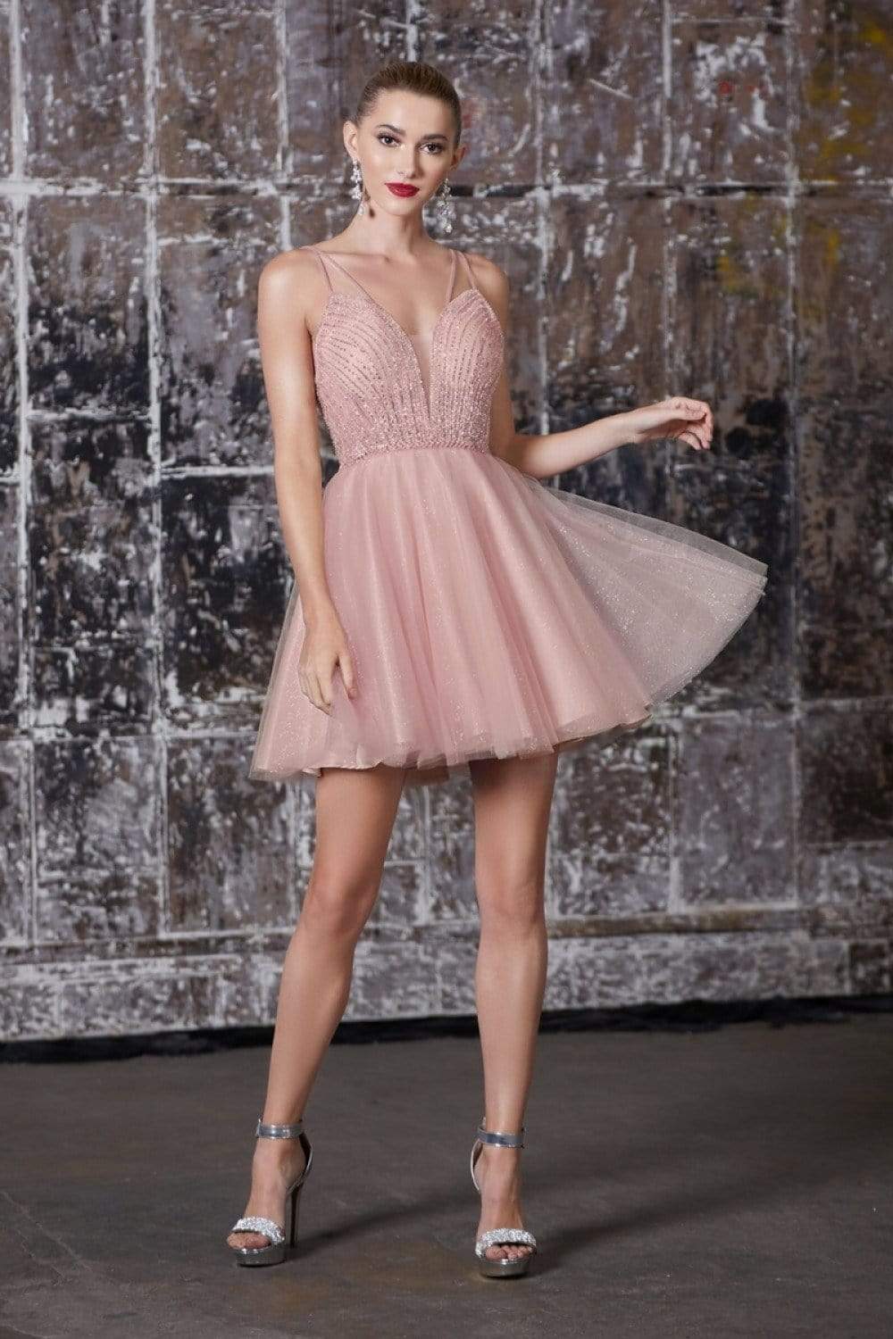 Cinderella Divine CD0148 - Short A-Line Dress - Sleeveless, Slender Double Straps, Plunging Neckline With Sheer Mesh, Beaded Bodice, Glitter Tulle, Back Zipper Closure, Fully Lined, Bra Cups Insert, Fit And Flare Cinderella Divine CD0148 - Short A-Line Dress - Sleeveless, Slender Double Straps, Plunging Neckline With Sheer Mesh, Beaded Bodice, Glitter Tulle, Back Zipper Closure, Fully Lined, Bra Cups Insert, Fit And Flare