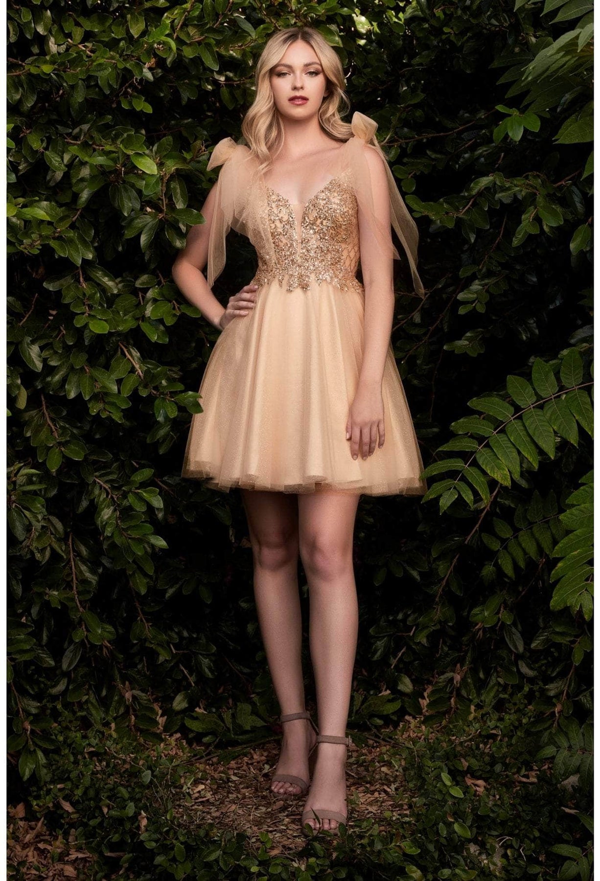 Cinderella Divine - CD0174 Embellished Deep V Neck A-line Dress Cocktail Dresses