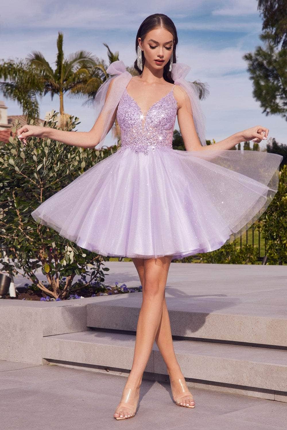 Cinderella Divine - CD0174 Embellished Deep V Neck A-line Dress Cocktail Dresses