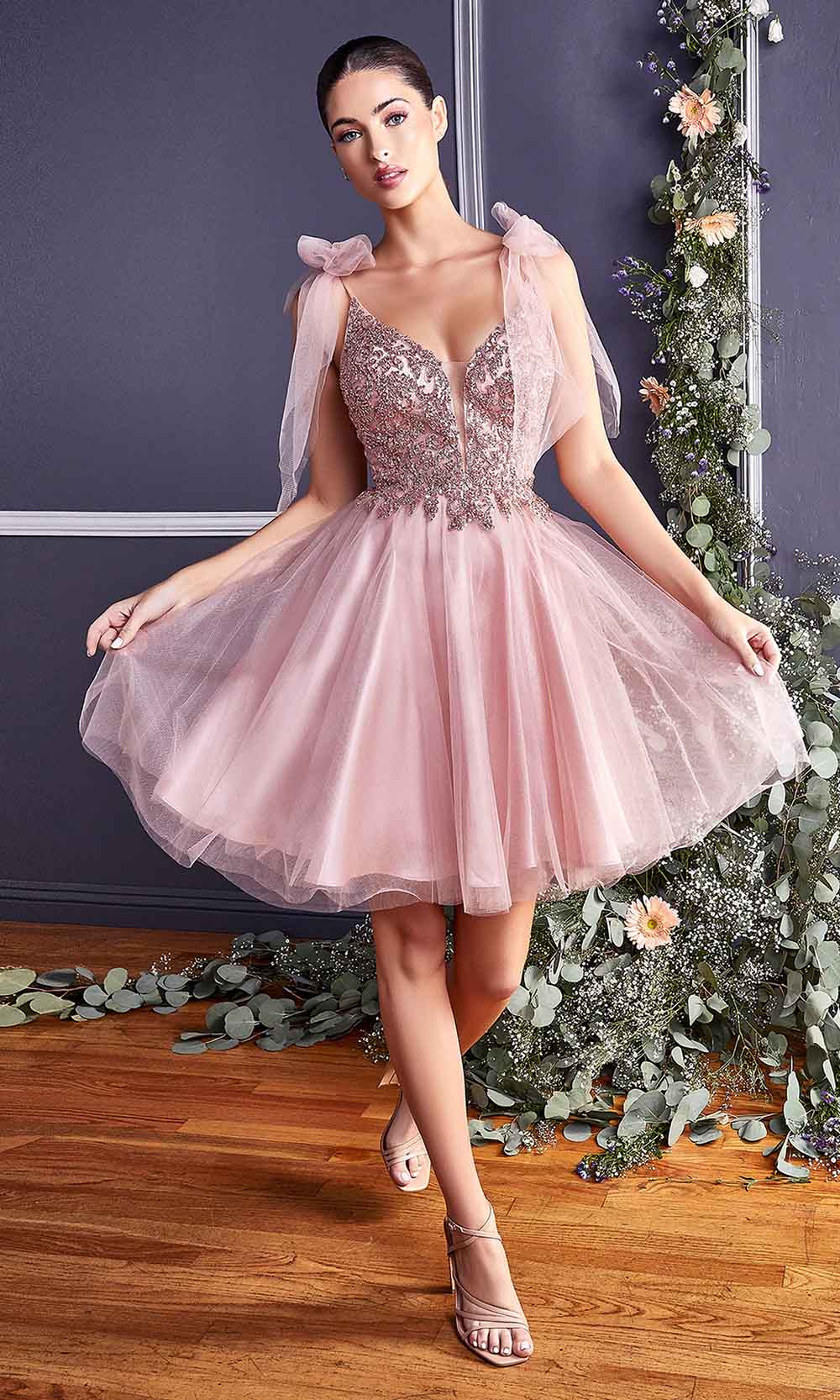 Cinderella Divine - CD0174 Embellished Deep V Neck A-line Dress Cocktail Dresses XXS / Rose Gold