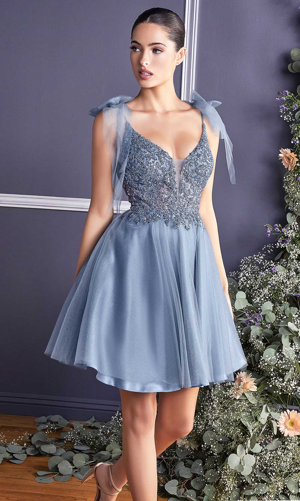 Cinderella Divine - CD0174 Embellished Deep V Neck A-line Dress Cocktail Dresses XXS / Smoky Blue