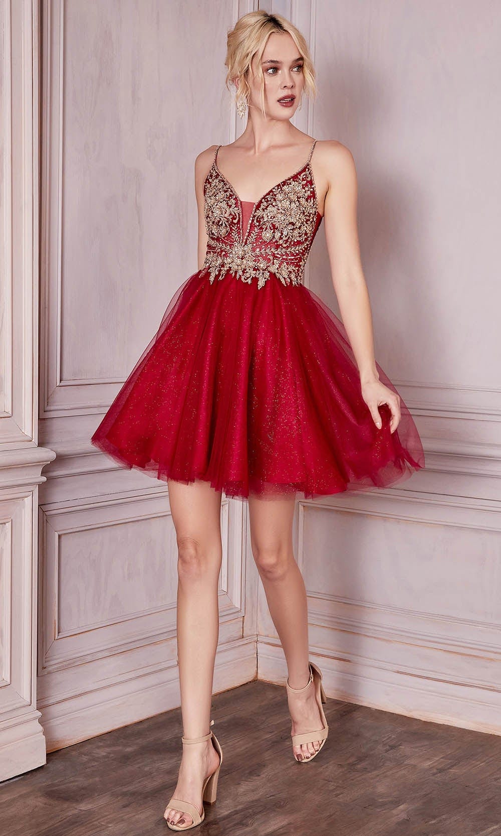 Cinderella Divine CD0190 - Beaded Cocktail Dress Special Occasion Dress XXS / Burgundy-Gold