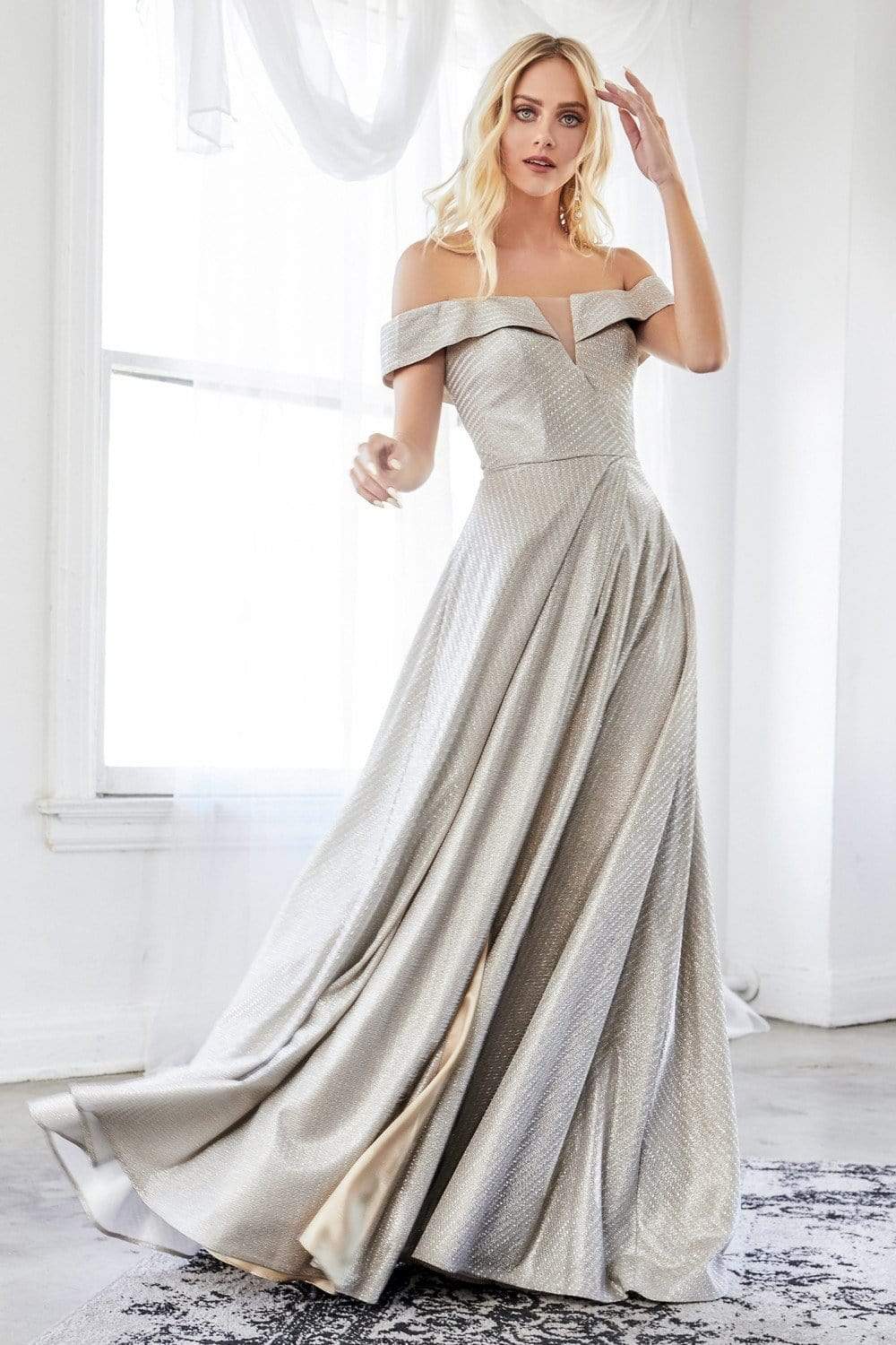Cinderella Divine - CD162 Long Off Shoulder Metallic High Slit Dress Evening Dresses 2 / Platinum