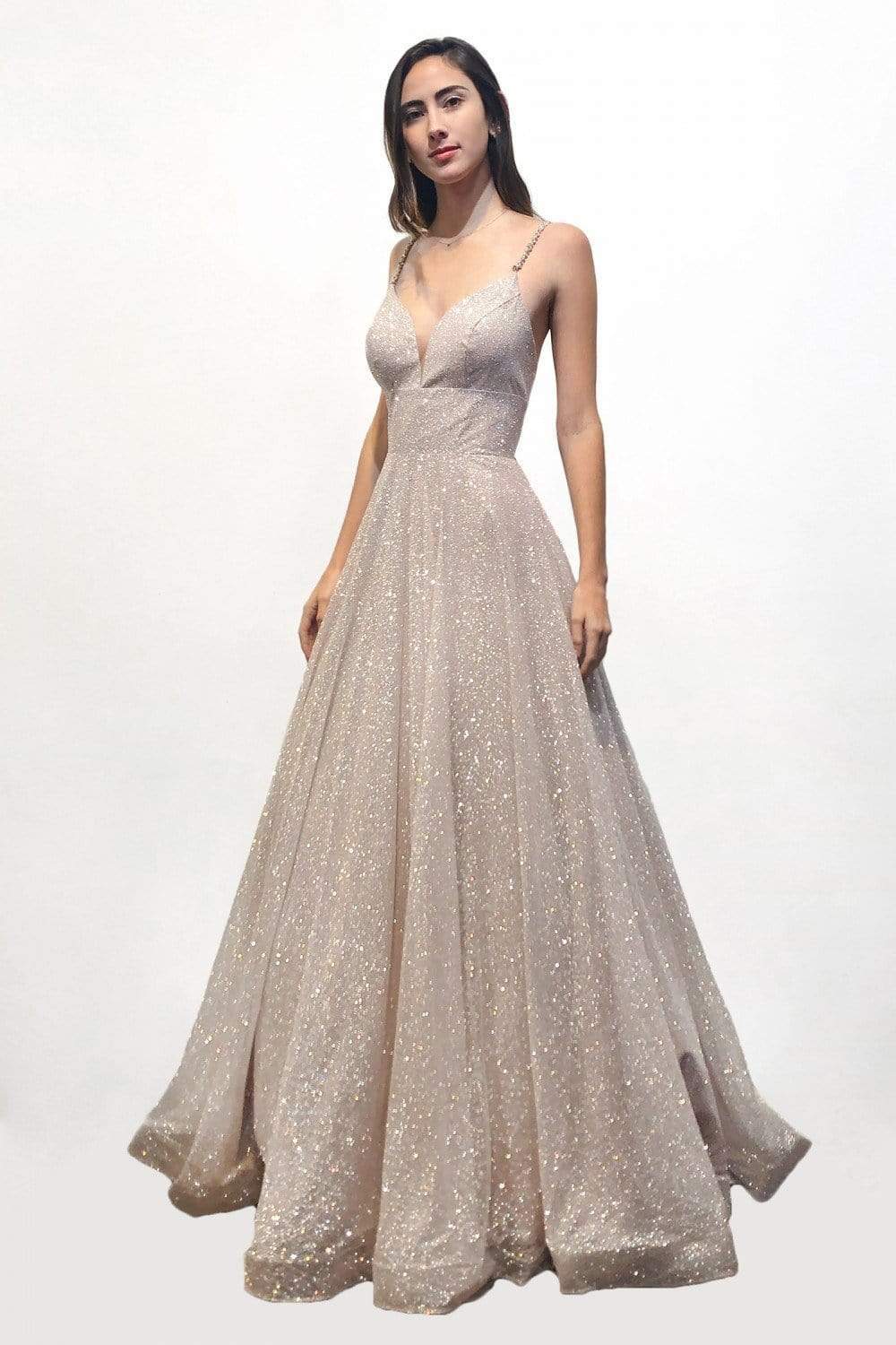 Cinderella Divine - CD205 Plunging V-neck Glitter A-line Dress Prom Dresses