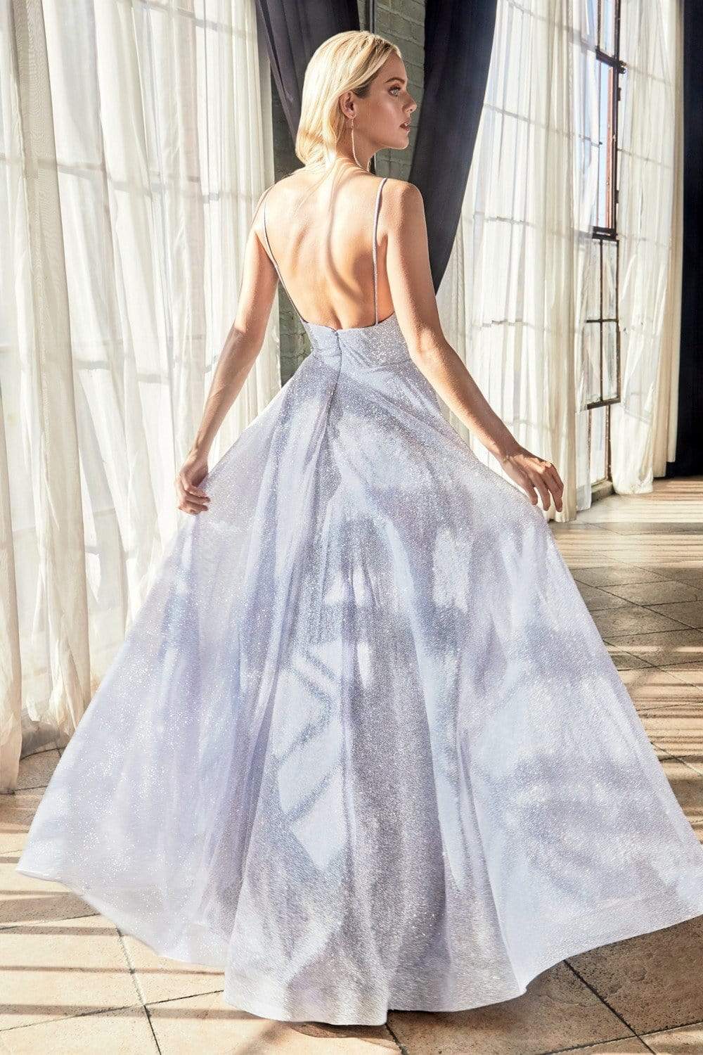 Cinderella Divine - CD205 Plunging V-neck Glitter A-line Dress Prom Dresses