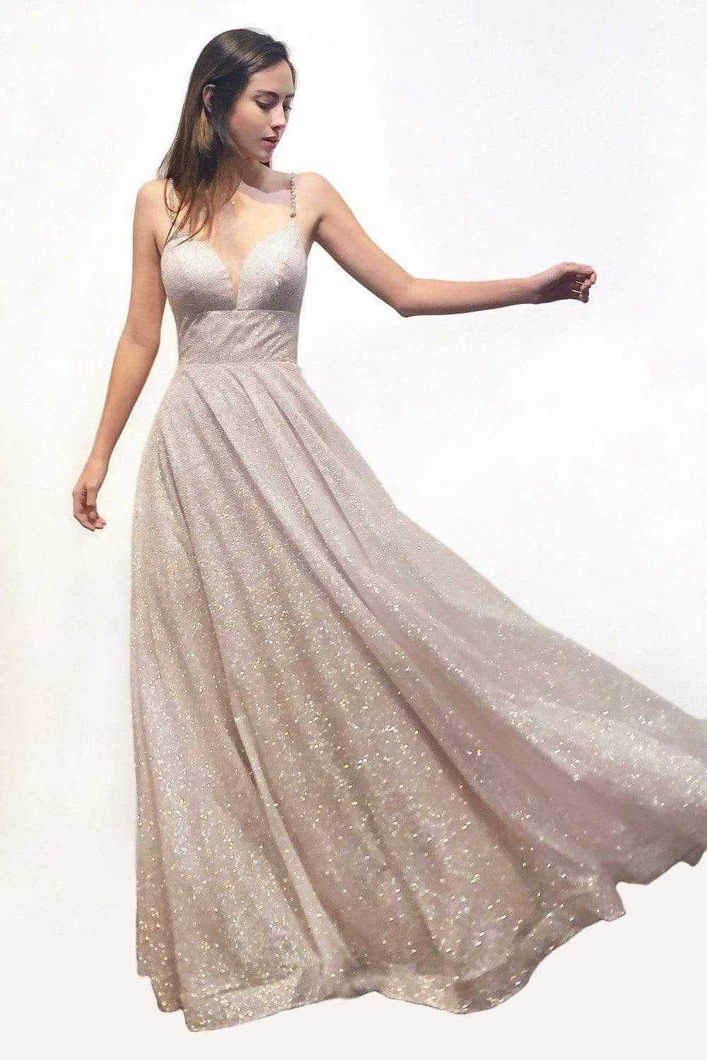Cinderella Divine - CD205 Plunging V-neck Glitter A-line Dress Prom Dresses